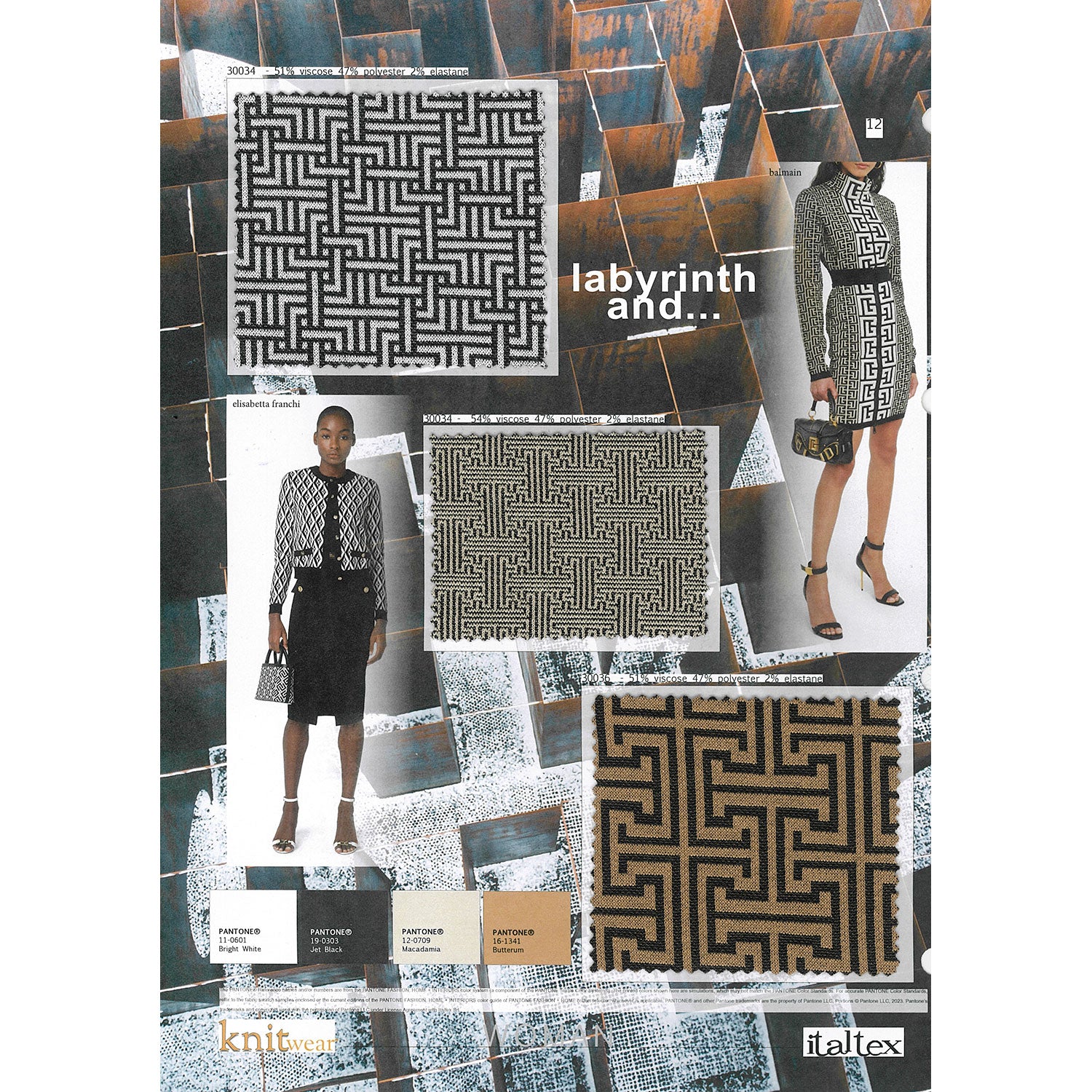 Three fabric swatches of jacquard knits for women's wear in geometric labyrinth patterns. One is a medium repeat black and white pattern. One is a tiny repeat black and beige pattern. One is a wide repeat black and brown pattern. They are suitable for jackets, cardigans, dresses and sweaters