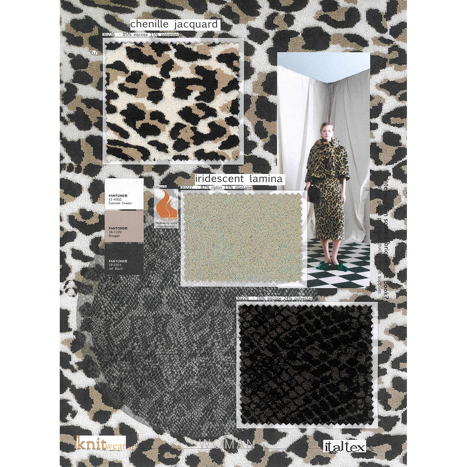 Three knitted fabric swatches for women's wear. One spotted leopard animalier in chenille jacquard. A jersey with iridescent lamina coating. A tone on tone reptile skin jersey