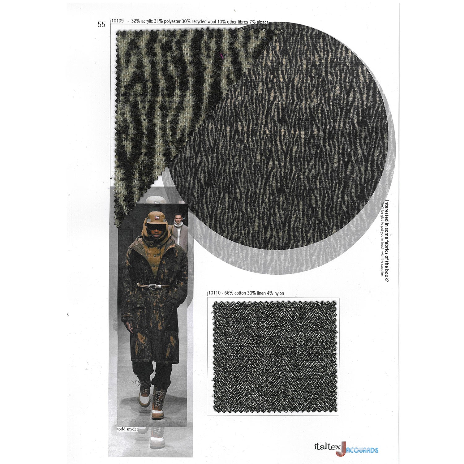 Two black and light grey fabric swatches. One takes inspiration from an animalier print. One is a fancy herringbone. Both are made in jacquard. The first suits coats and jackets. The second is more for jackets and trousers. They are all new fabrics forecasts for autumn and winter 2025-26