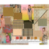 nine fabric swatches in shiny viscose. A brown monochrome jersey with subdued motifs. A brown, blue and red blurred pattern jacquard knit. A warm brown woven fabric with slub effects. a nude colour ribbed knit. Shiny viscose with linen weft in the warm tones of refined checks for jackets. Viscose also in precious rippled satins. Silk and viscose for embossed jacquards on checkered patterns