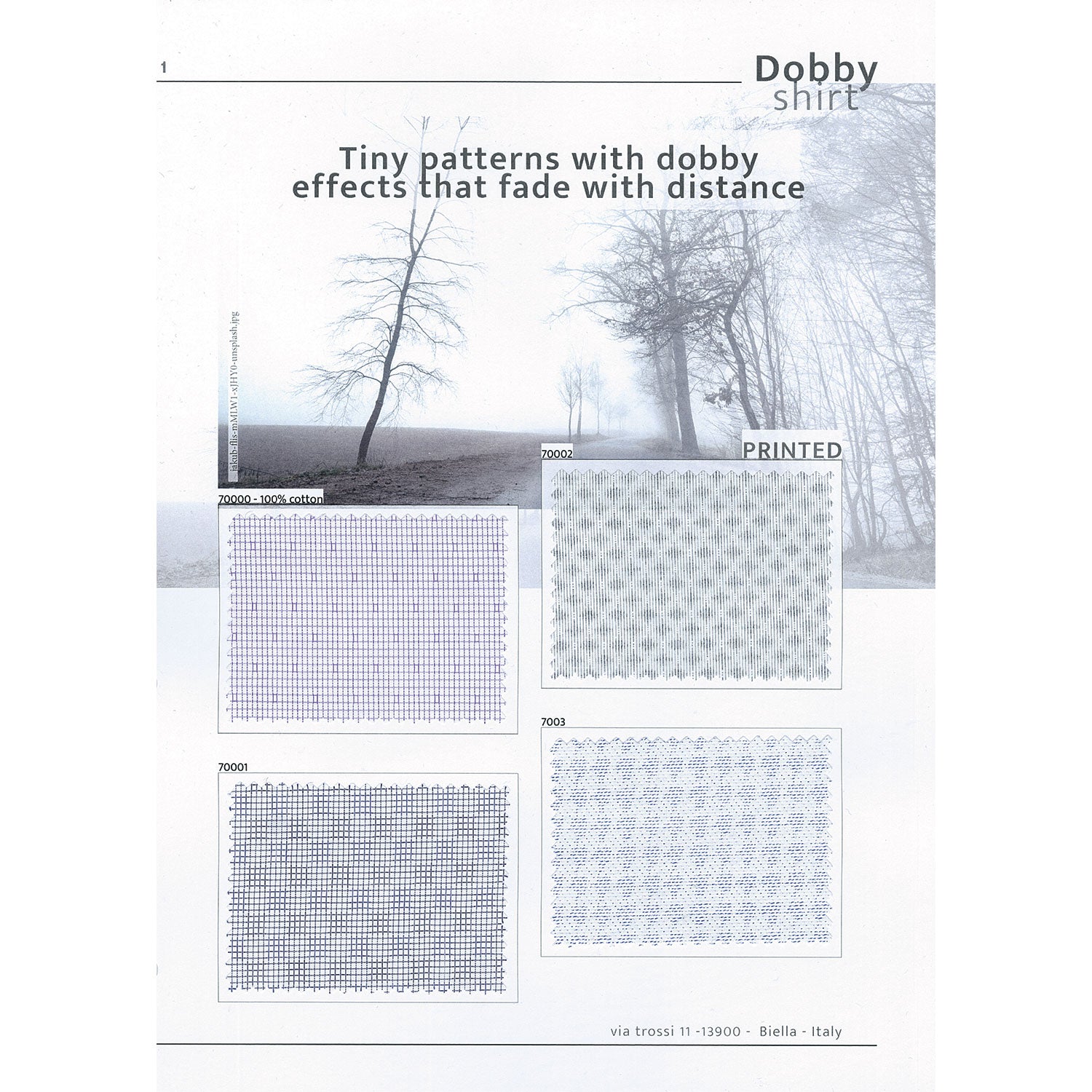 One page from the Italtex color and fabric trends Dobby Shirt AW 26/27 shows four fabric swatches for dressy or trendy shirts. A tiny background check with small dobby decorations. A chess effect pattern made by combining opposite tiny checks. A printed grid effect. Small houdstooth patterns on a weave effect ground. These swatches are on a background showing a track by a woodland on a foggy winter day