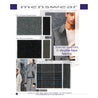 Three fabric swatches for men's jackets and coats. Two double-face melange fabrics. One is has a grey face and black reverse. One has a black face and grey reverse with polyurethane coating. One is a pure wool with a checkered pattern on the face, and diagonal grey reverse
