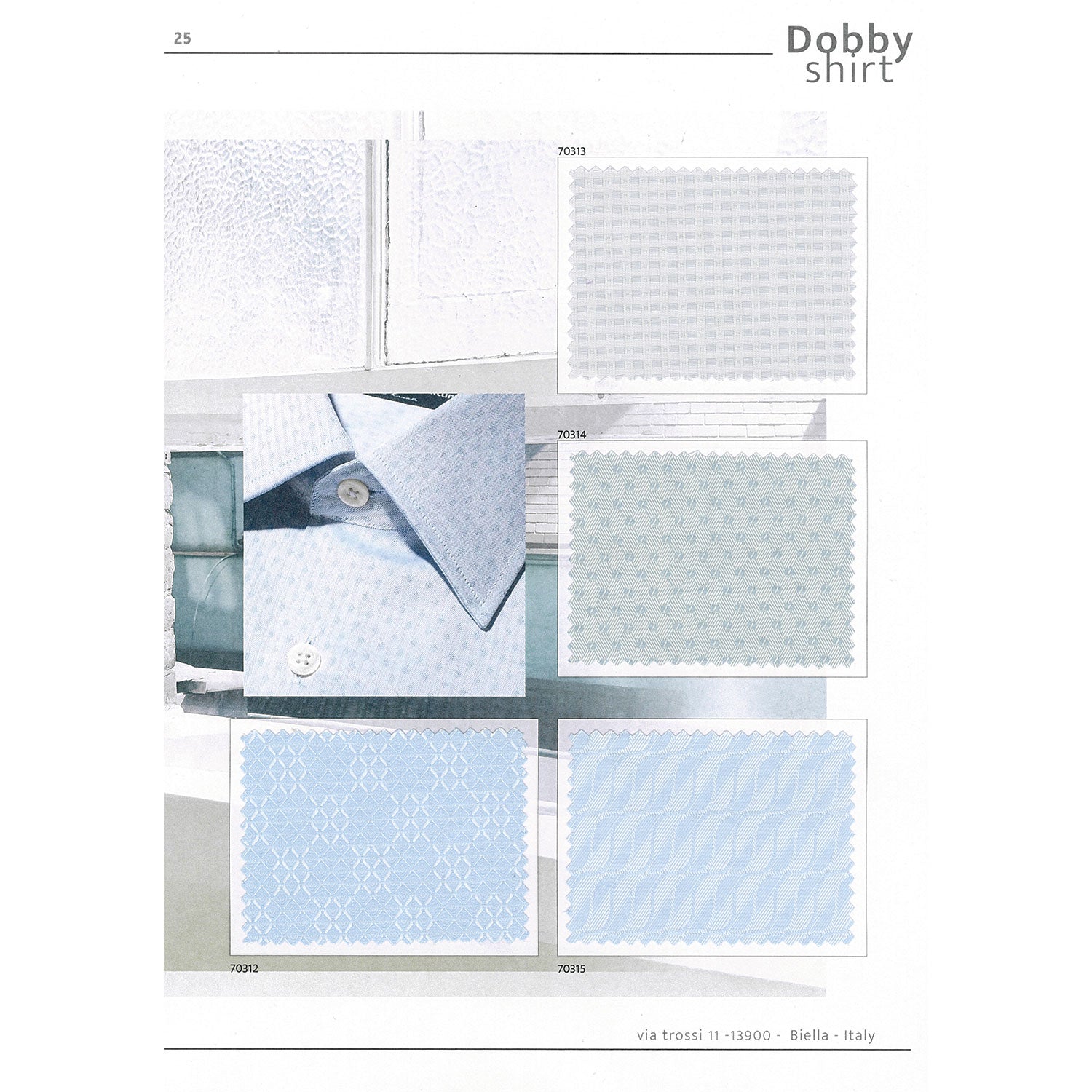 Four light blue fabric swatches for shirts with tone on tone dobby effects. Picture of a folded shirt