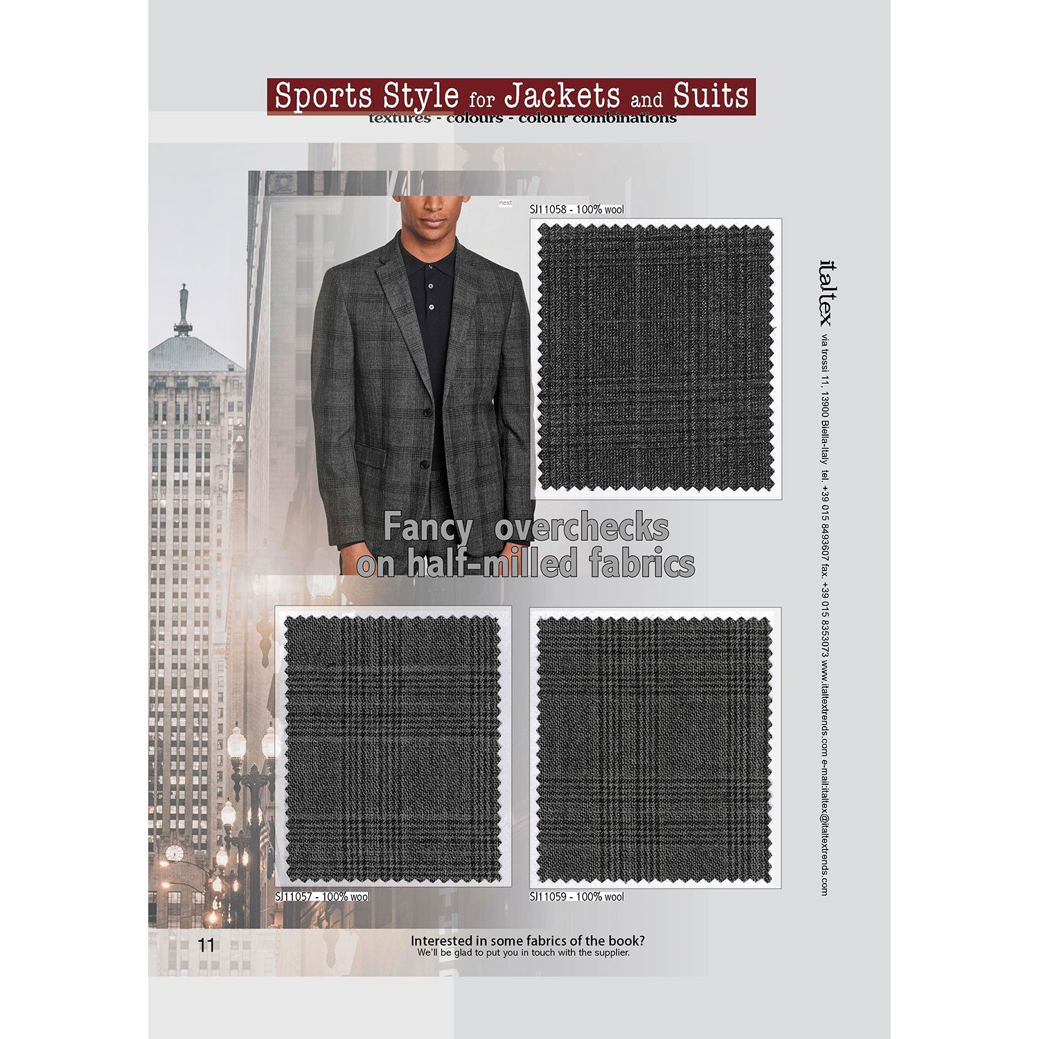 Five swatches of milled fabrics for men's jackets. Three gingham patterns on grey, greyish blue and green. One medium repeat blue and black check on a beige ground. One blue and black overcheck on a melange cold brown background 