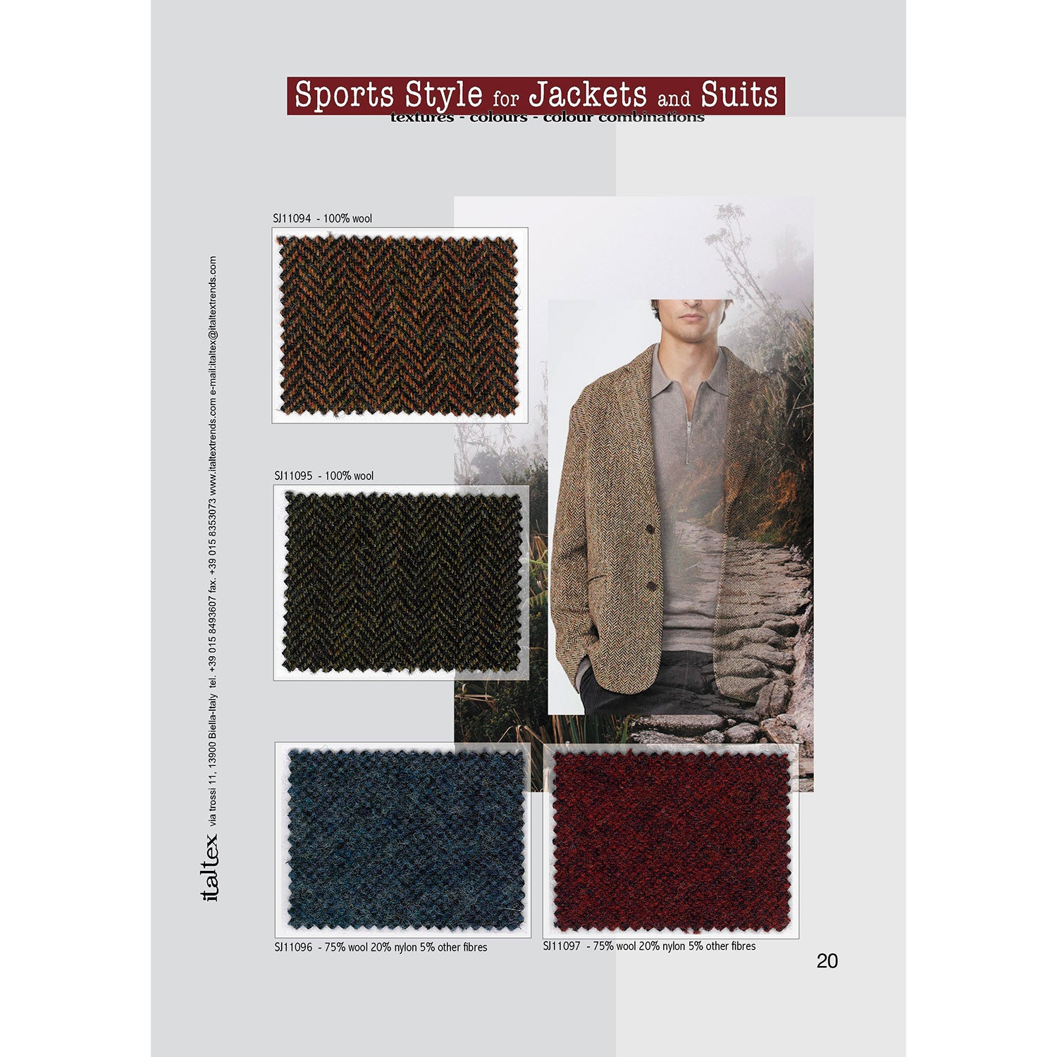 Four fabric swatches for men's jackets winter 2025. Two are herringbones with in neautiful mixture colours. The first one is in red and orange brown shades. The second one in grenish brown shades. The two fabric swatches at the bottom are fake plains  with subdued kemp yarns. One is a bluish grey, the other one is in dark red.