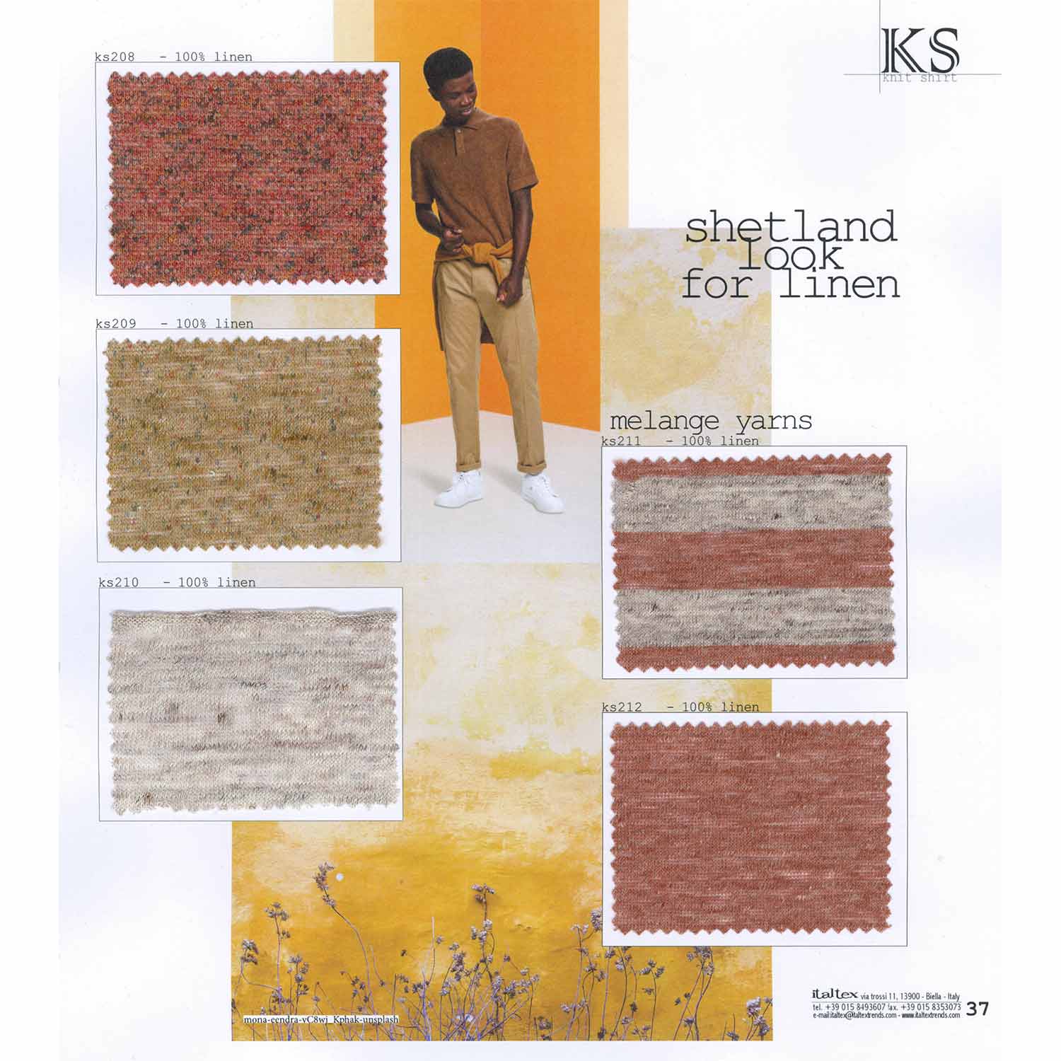Five fabric swatches for t-shirts and polo shirts in melange linen, for a shetland look. Four fabrics a yarn dyed plains, one is a striped pattern alternating grey and reddish brown