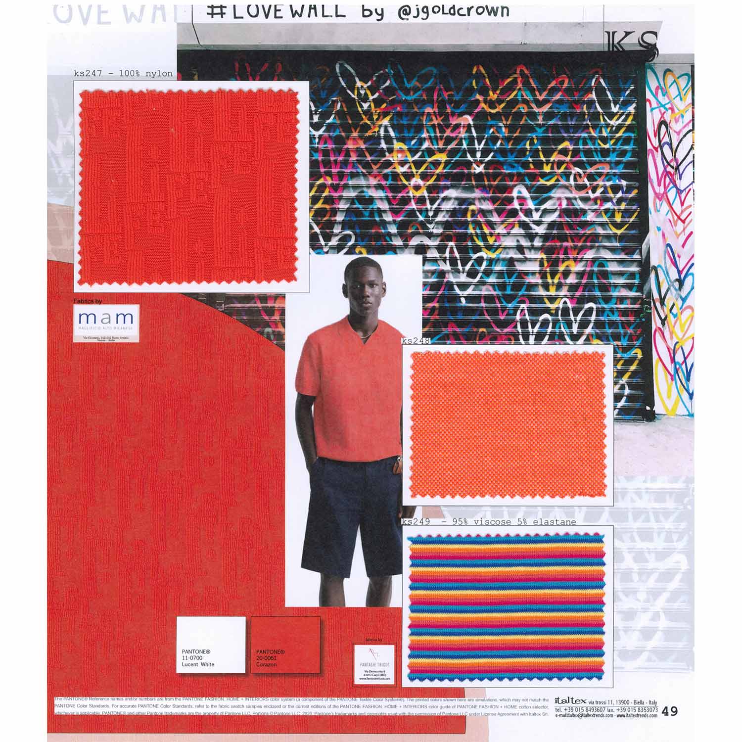 Three knit fabrics for men's t-shirts and polo shirts. One bright red jacquard knit where words play with textures. An orange pique. A viscose/elastane striped knit in gradient stripes shading from red to yellow and from blue to light blue