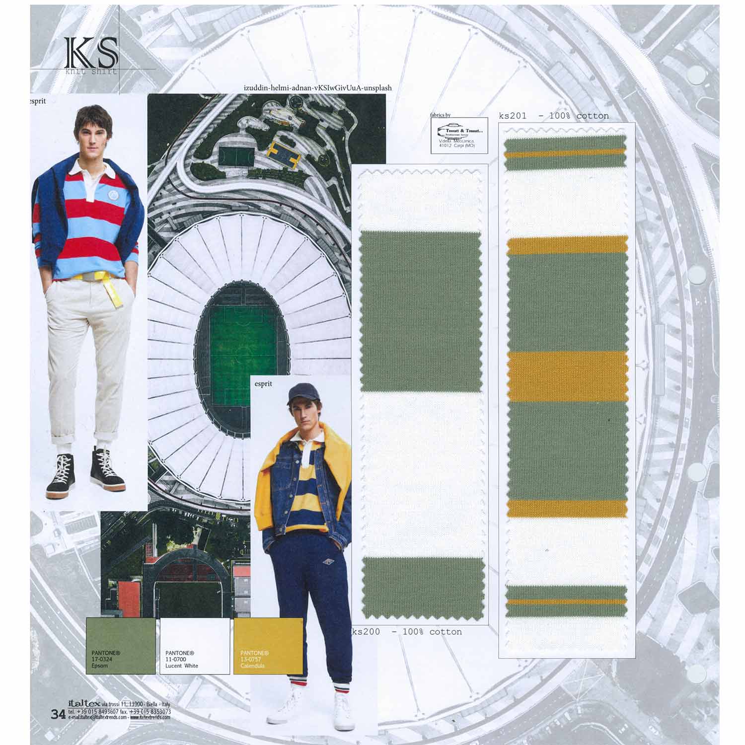 Two rigby style striped patterns for t-shirts and polo shirts summer 2025. One is a large repeat white and grey stripe. One is a large repeat white, grey and ochre stripe