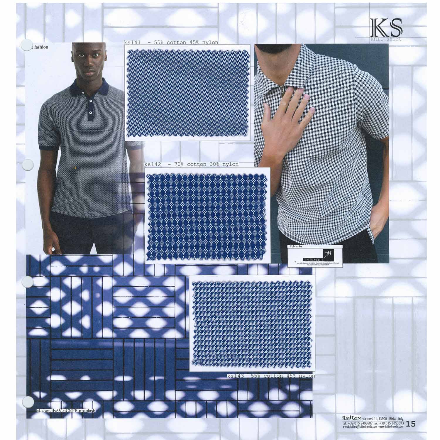 Three fabric swatches in tiny white and blue effects for knit polo shirts SS25