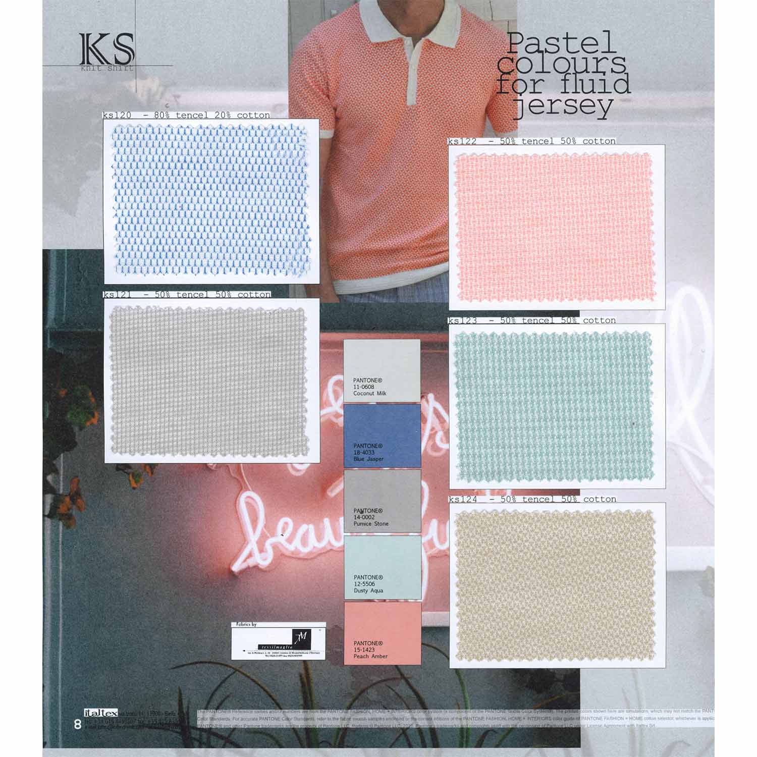 Pastel colour cotton and Tencel fluid knit shirts in small effects for Summer 2025. The five fabrics in tiny geometrical effects are in bi-colour arrangements, where white matches blue, beige, apricot, green
