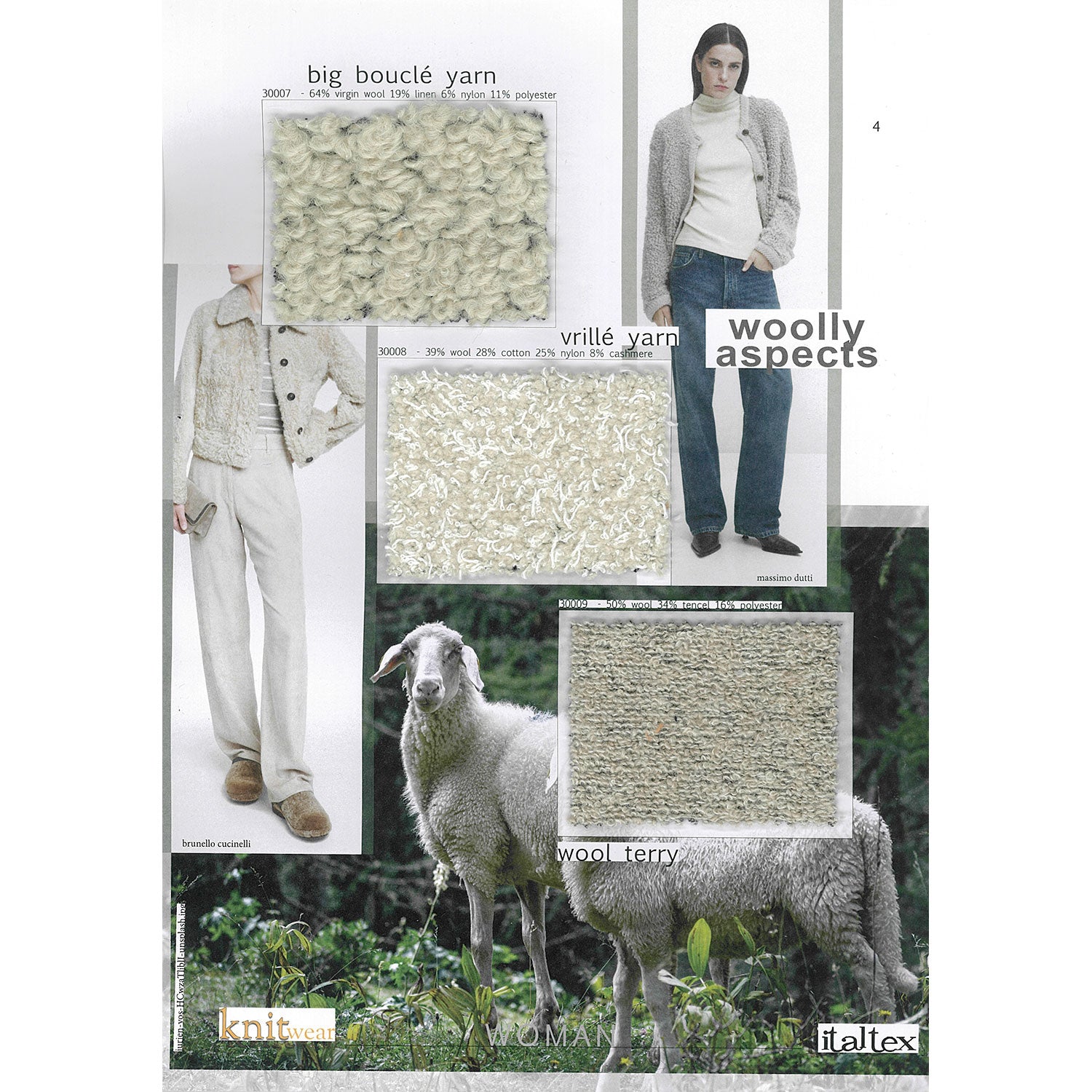 One page of fabric trends for 2025 from the Italtex color and fabric trend book Knitwear  AW 25/26 displays three fabric swatches of off white knit fabrics. One is a bulky off white knit in big loopy yarns for sweaters or jackets. One is a knitted fabric in vrillé yarns. One is a wool terry. In the mood board there is also the picture of two sheeps, and two pictures on the suggested use of these fabrics.