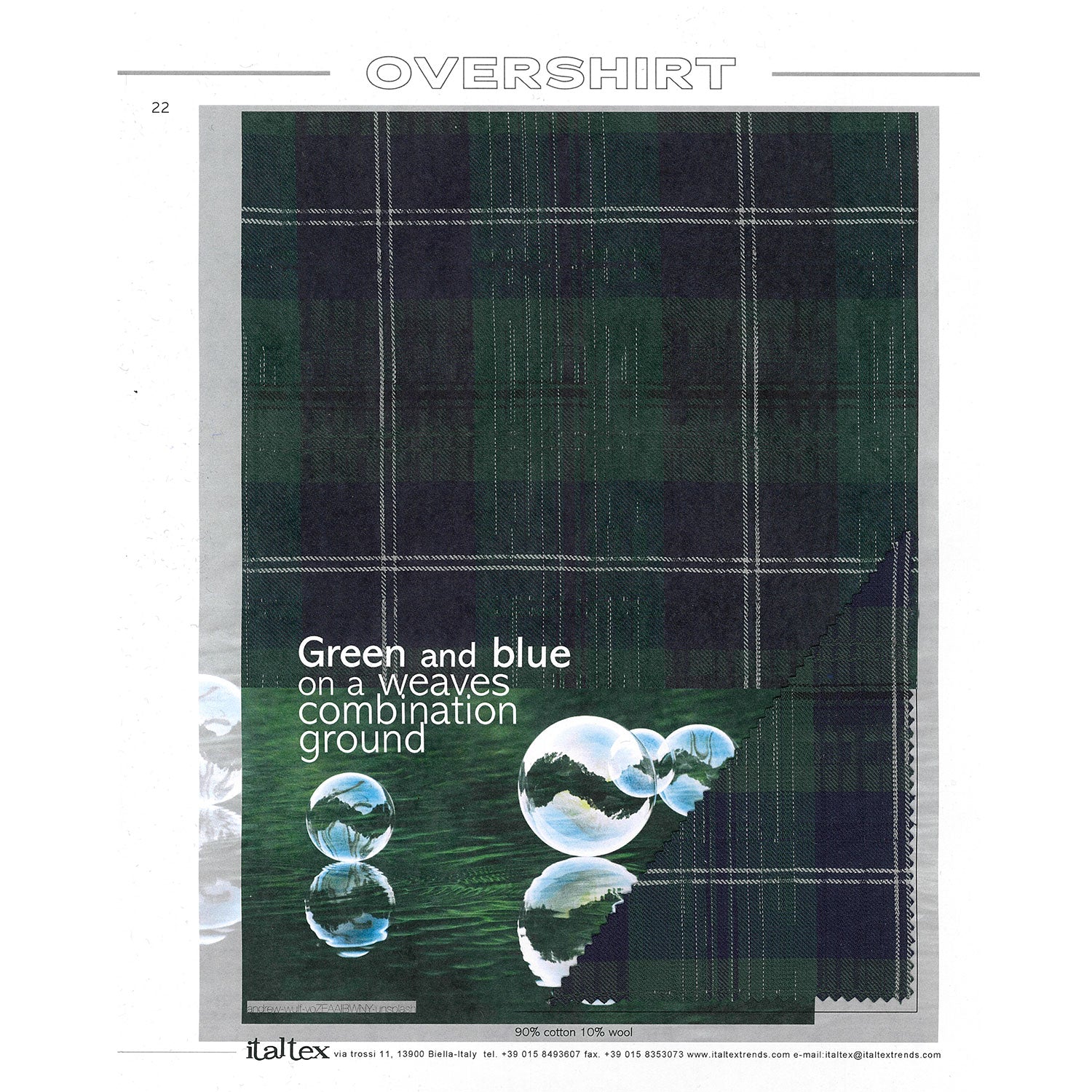 A green and blue plaid for overshirts with slub effects due to the weave, and weave combination from the Italtex fabric trend book OvA green and blue plaid for overshirts with slub effects due to the weave, and weave combination from the Italtex fabric trend book Overshirts Winter 2025ershirts Winter 2025