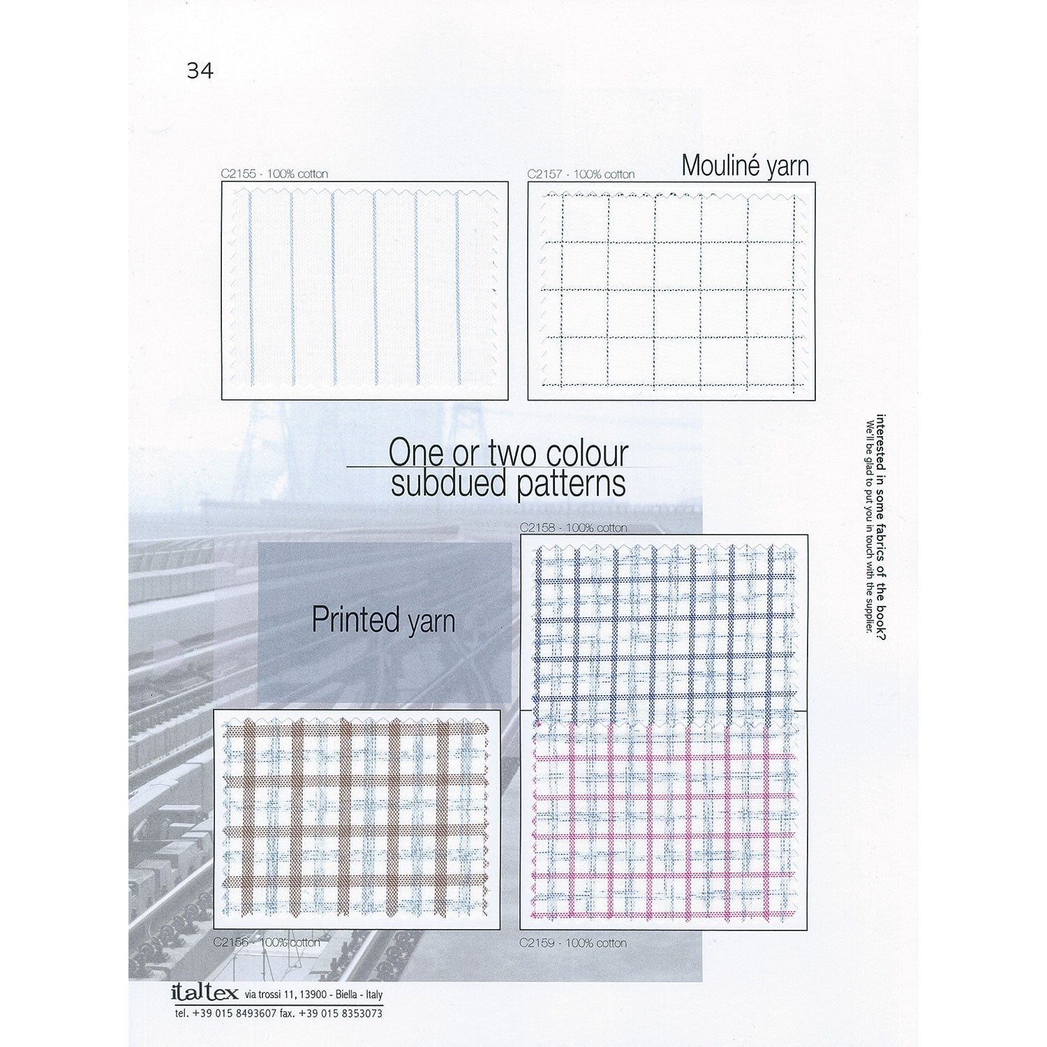 One page of the Italtex fabric trend book Shirt Winter 2026/27. It shows five fabric swatches for shirts. One white ground with medium repeat light blue stripes. One white ground with mouliné blue check. Three checks with overchecks: one brown overcheck on printed yarn check. One blue check on printed yarn check. One red check on space-dyed check.