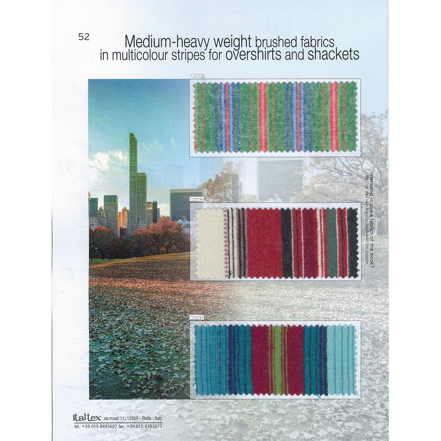 One page from the Italtex fabric trend book Shirt autumn and winter 2026 shows three medium to heavy weight fabric swatches. They are in fancy stripe patterns for casual shirts and overshirts. Colors include light blue and turquoise, burgundy, white green and pinky red. The background of the page is the picture of a city park