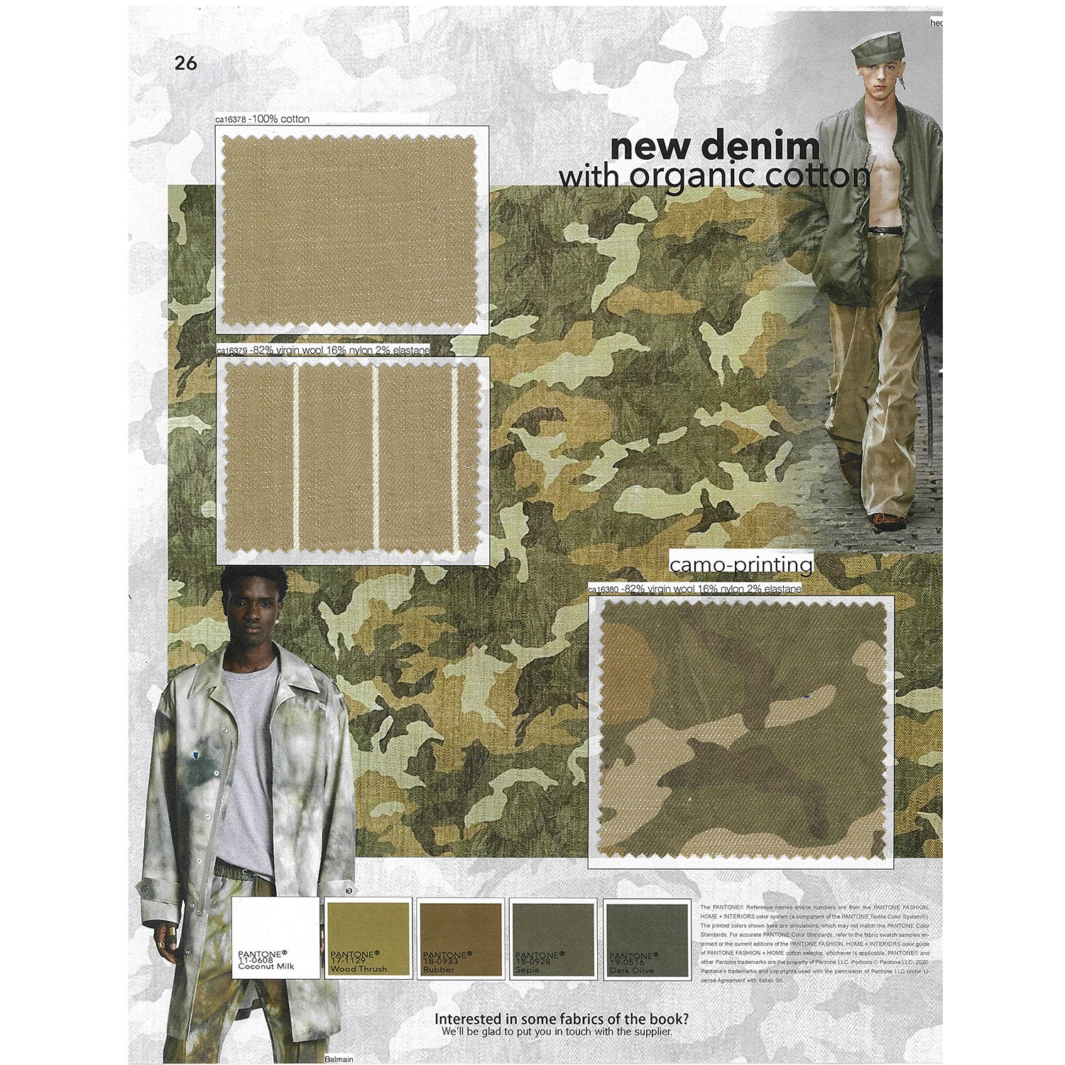 Three brown fabric swatches for casual men's wear denim. A solid in pure organic cotton. A striped pattern wool, nylon and elastane in a cold brown background with white stripes. A camo printing wool, nylon, elastane in the shades of cold brown and olive green. They are suitable for different uses including trousers and jackets