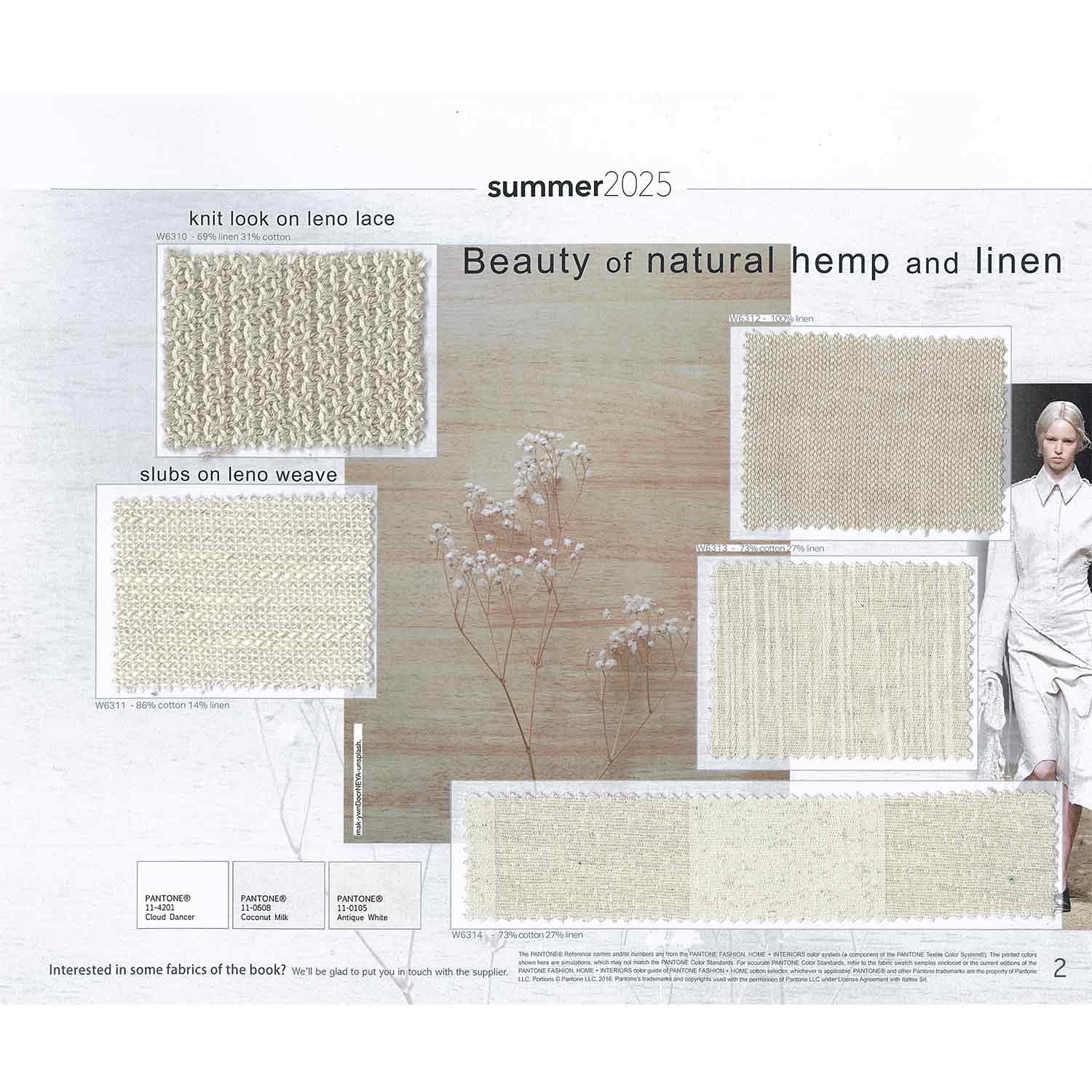 Five fabrics for women's wea summer 2025 in the natural shades of linen and organic cotton. One knit look leno lace. One horizontal construction with linen slubs on leno lace. One fake plain linen. One bark effect cotton linen.  One large repeat subdued stripe for different uses including dresses, blouses and skirts