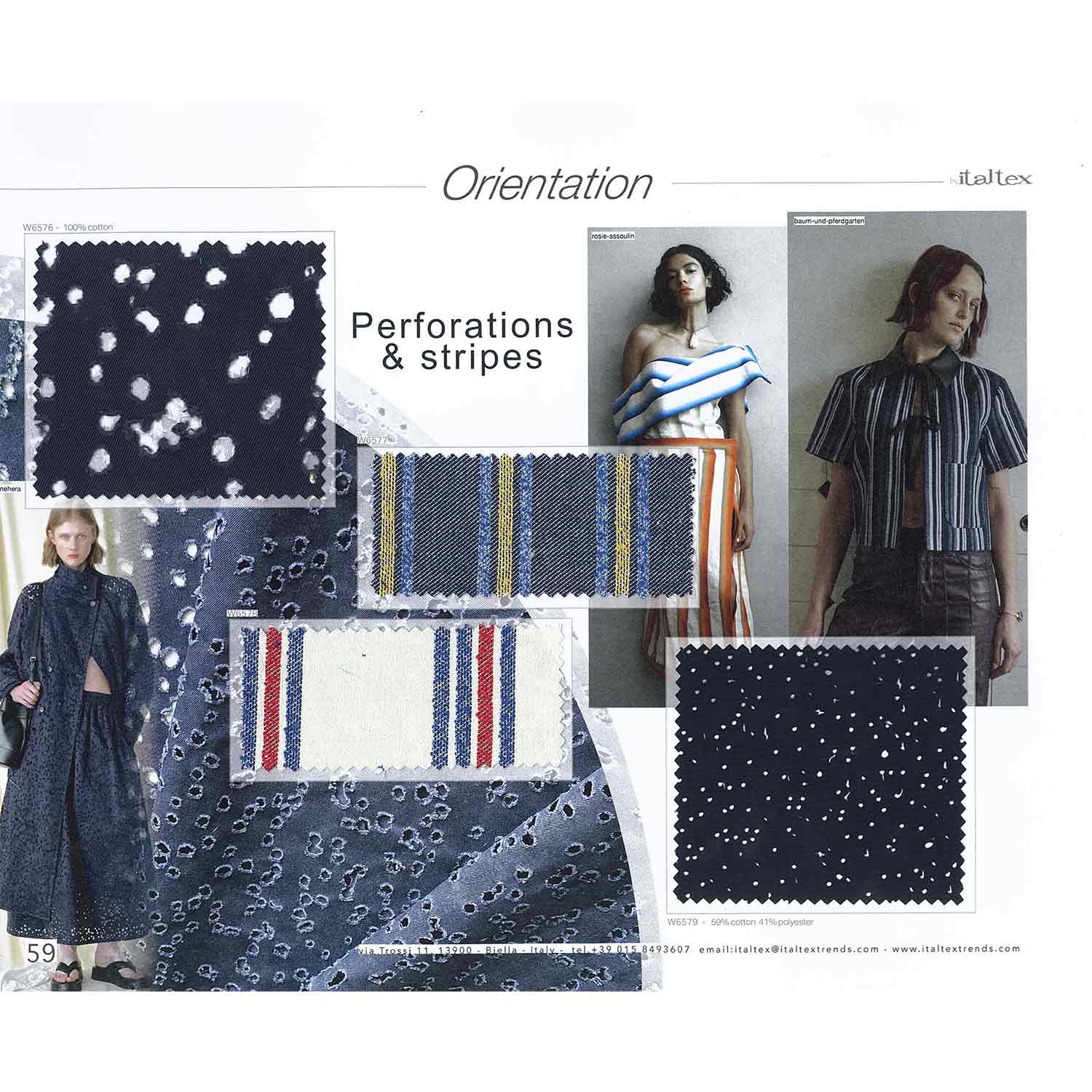 a page of the Italtex color and fabric trend forecast book Womenswear Spring Summer 2025. It shows four fabrics for denim look in regenerated cotton from old jeans saving cotton and allowing to avoid dyeing. One has laser perforations. One has a metallic laminated coating. One is an indigo and yellow striped pattern for dresses and shirts. One is a striped indigo and red pattern on a white background