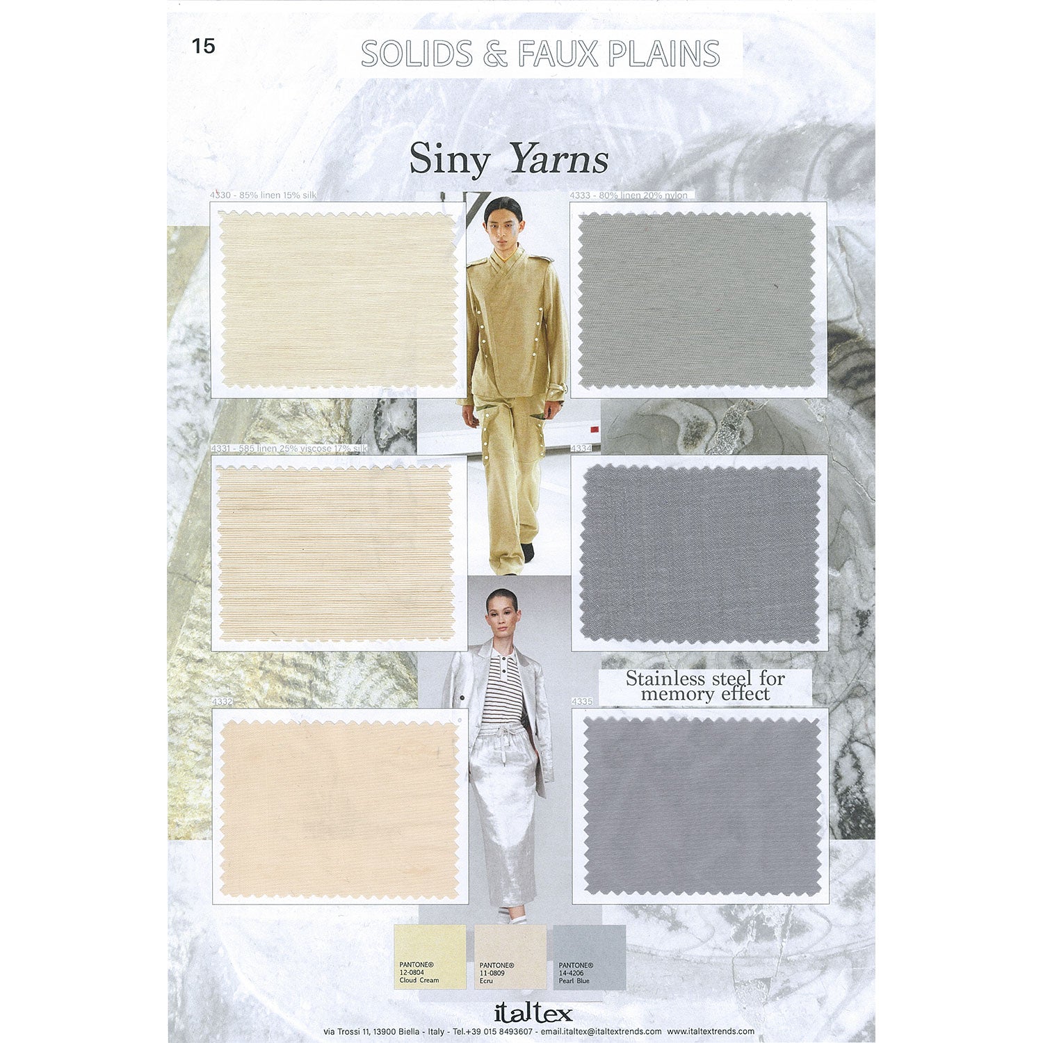 One page from the Italtex color trends and fabric forecast book on solids and faux plains The Classics. It shows six lightweight fabrics with shiny yarns suitable for trousers, skirts, dresses, jackets, shirts and blouses. Three are in light cream and ecru colours. Three are in greyish-light blue. On one of them is written stainless steel for memory effect. Three Pantone colours with code are printed at the bottom. Two pictures from the runways show possible ways of using such fabrics