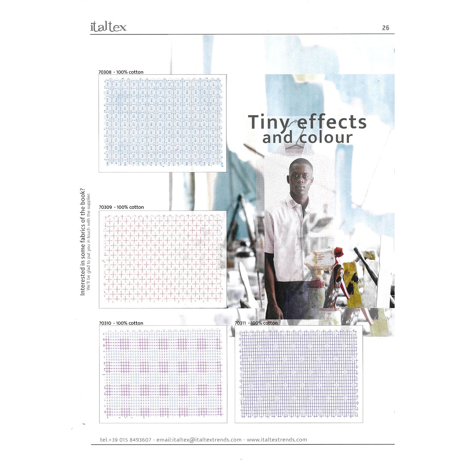 Four fabric swatches of tiny effect dobby fabrics for shirts suitable for either a dressy or sports style. A light blue pattern combining circles in rows. A white and burgundy pattern where cross patterns create diagonal effects. Burgundy checks on a light blue background made of light blue tiny checks. Tiny blue checks on a white background broken by light blue micro patterns