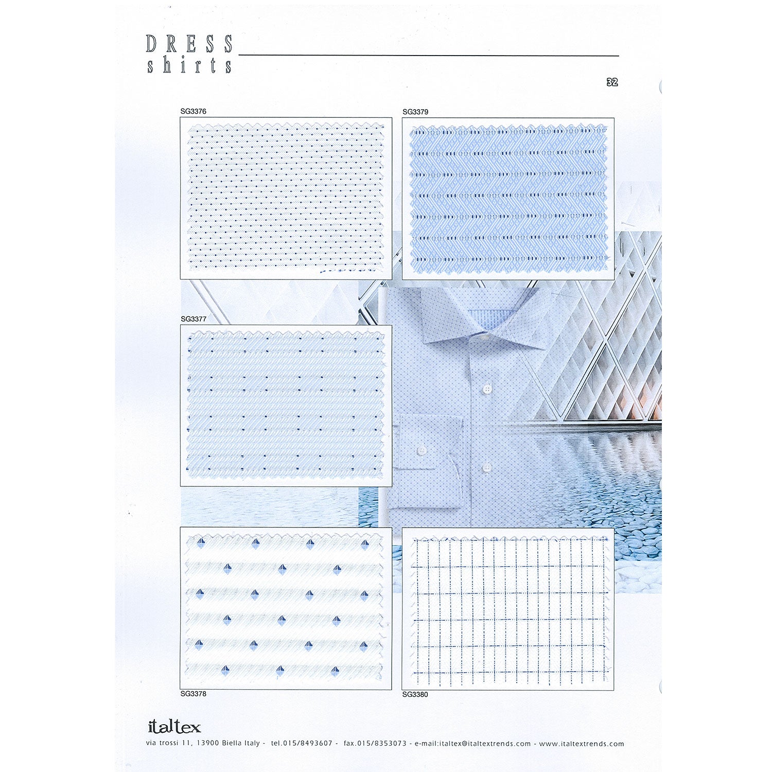 Five fabric swatches for dress shirts with extra yarns in blue and white. One creates a diagonal effect made of tiny dots. One creates an horizontal striped pattern. One creates a binary horizontal stripe. One creates small diamond patterns, and one is a graphic grid