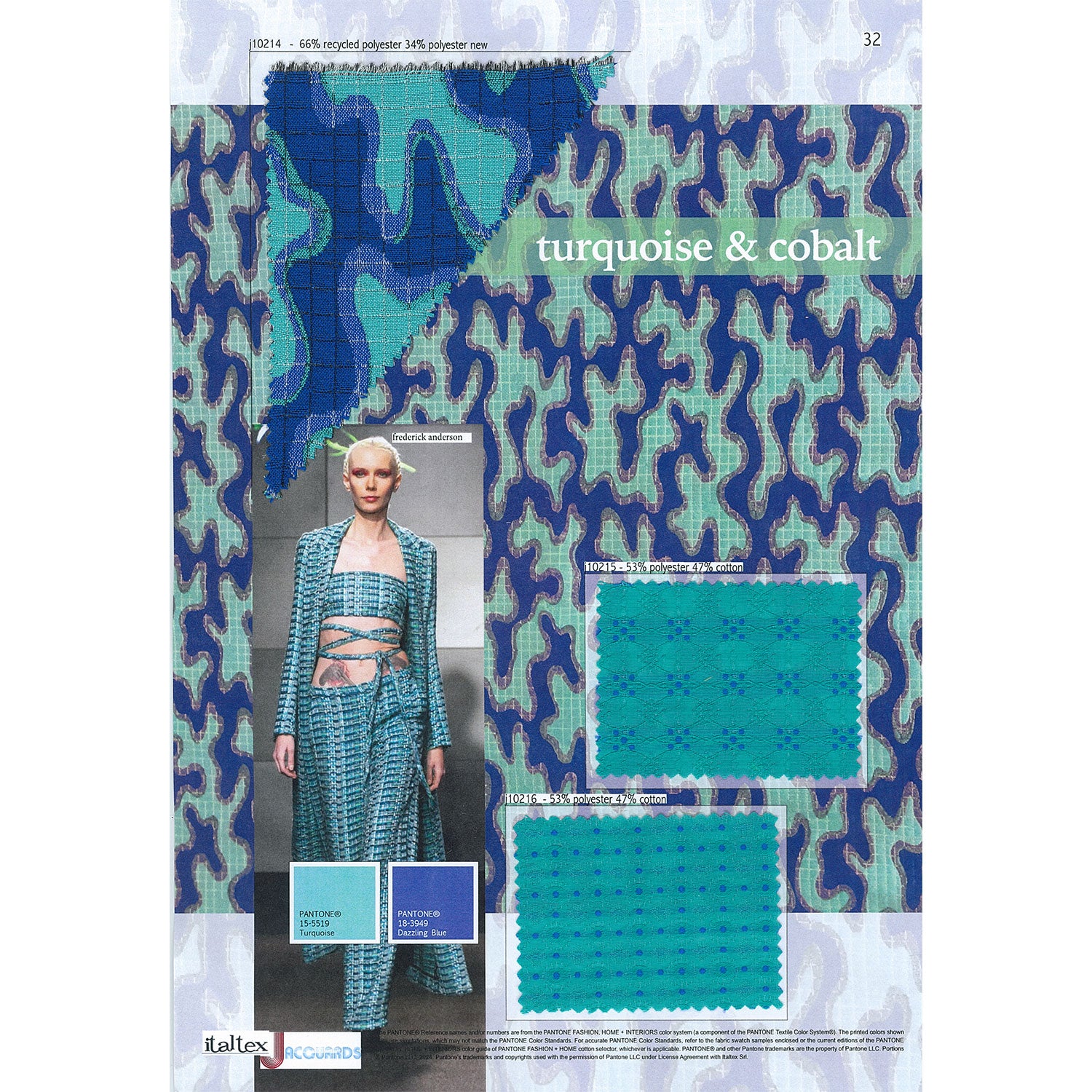 One page from the Italtex color and fabric trends book Jacquards SS26 shows three turquoise and cobalt blue jacquard fabric swatches. One is a modern camouflage pattern. Two are small effects. They are suitable for shirts, jackets, trousers, skirts, dresses and tops. A full repeat picture of the camu is the background of the page, while a picture from the runways suggests the use of these fabrics