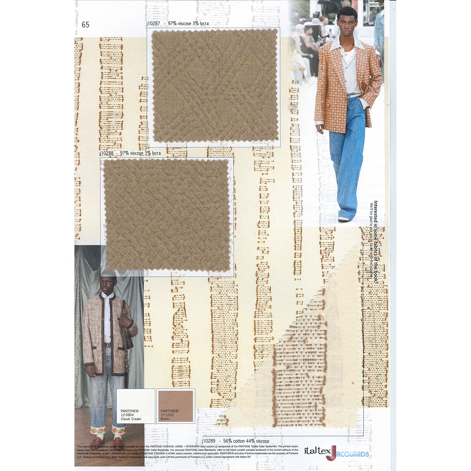 One page from the Italtex color and fabric trend book Jacquards Summer 2026. It shows three fabric swatches on a background made of a picture of the full repeat of the shirting fabric and two photos from the runways. Two are viscose and lycra brown fabrics for jackets with textured effects recalling straw combinations. One lightweight cotton and viscose fil coupe jacquard drawing brown fancy stripes on a cream ground