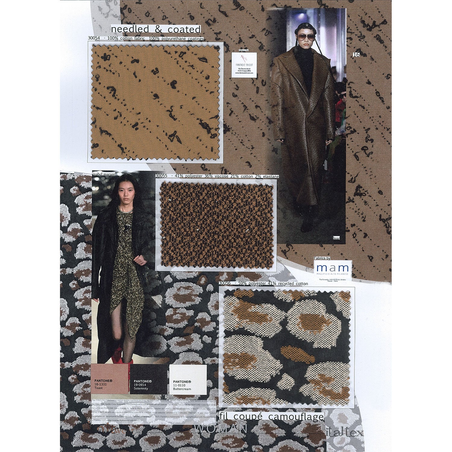 One page from the Italtex color and fabric trend book Knitwear AW 26/27. On the background are the full repeat pictures of a black and brown leather-like knit fabric and a fil coupé black, beige and brown camouflage knit. Two pictures from the runways suggest their use