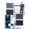 Four blue knit fabric swatches for men's sweaters Spring/Summer 26. One white and blue checkboard pattern. One tiny structure. One diagonal construction. One wide herringbone. Pantone blue, light blue and white colours. Two suggestions on the way to use.