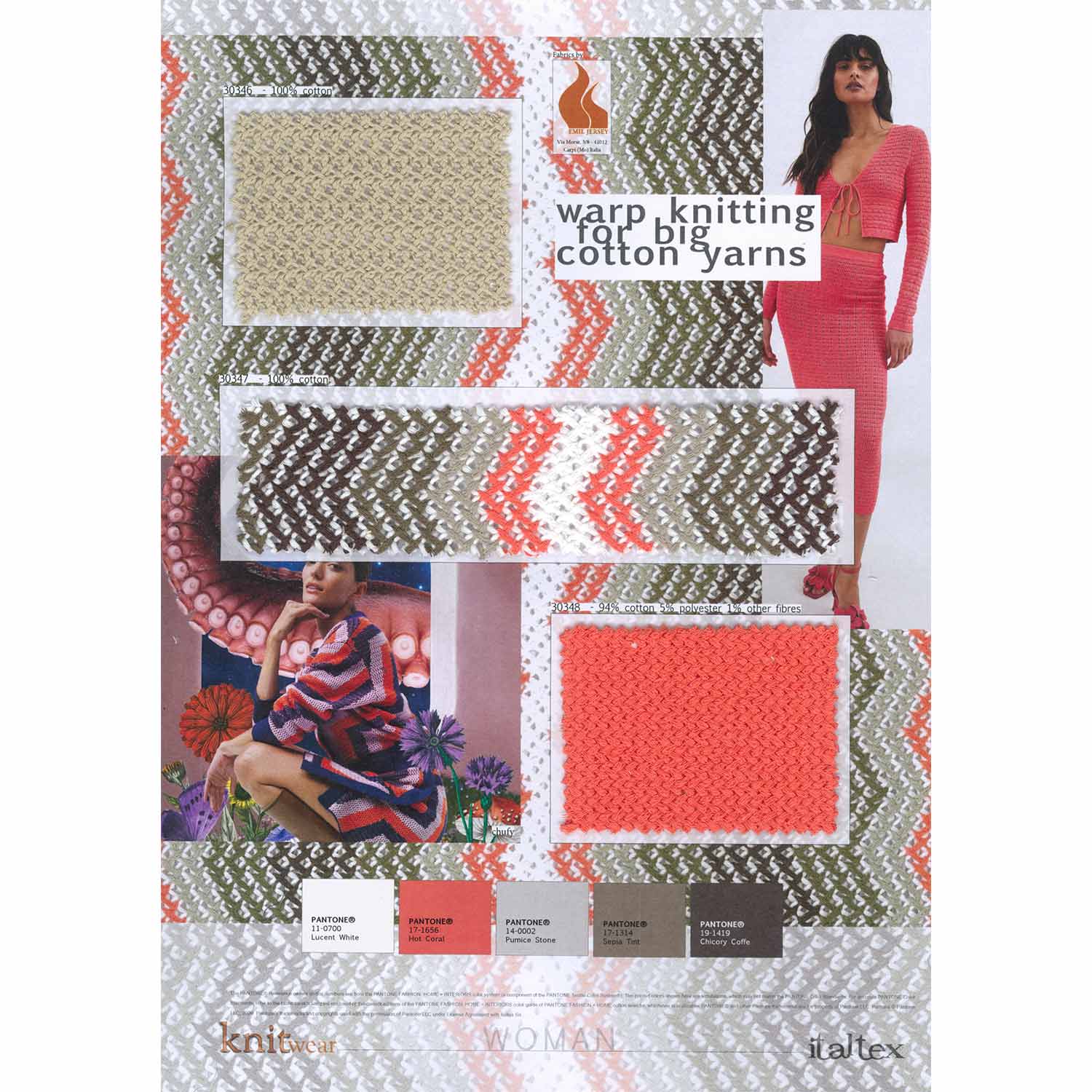 Three fabric swatches of warp knittings for women's wear. One horizontal effect beige solid warp knitting. One vertical effect coral warp knit. One openwork herringbone pattern combining different colors. white, coral, grey, greyish beige, cold brown