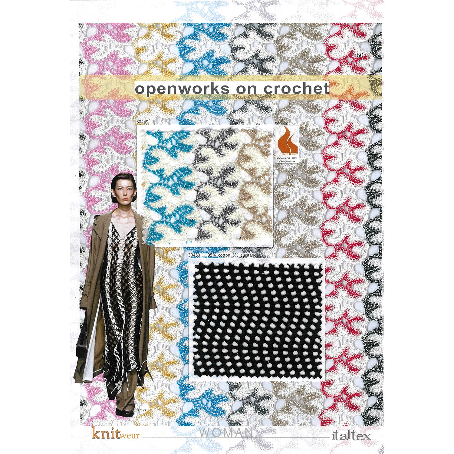 Two crochet knits for women's wear dresses, coats, gowns and tops. One is a fancy leaf pattern in vertical pink, white, ochre, blue, grey, black and red stripes. One is a monochrome black vertical wavy structure. One picture suggesting their use