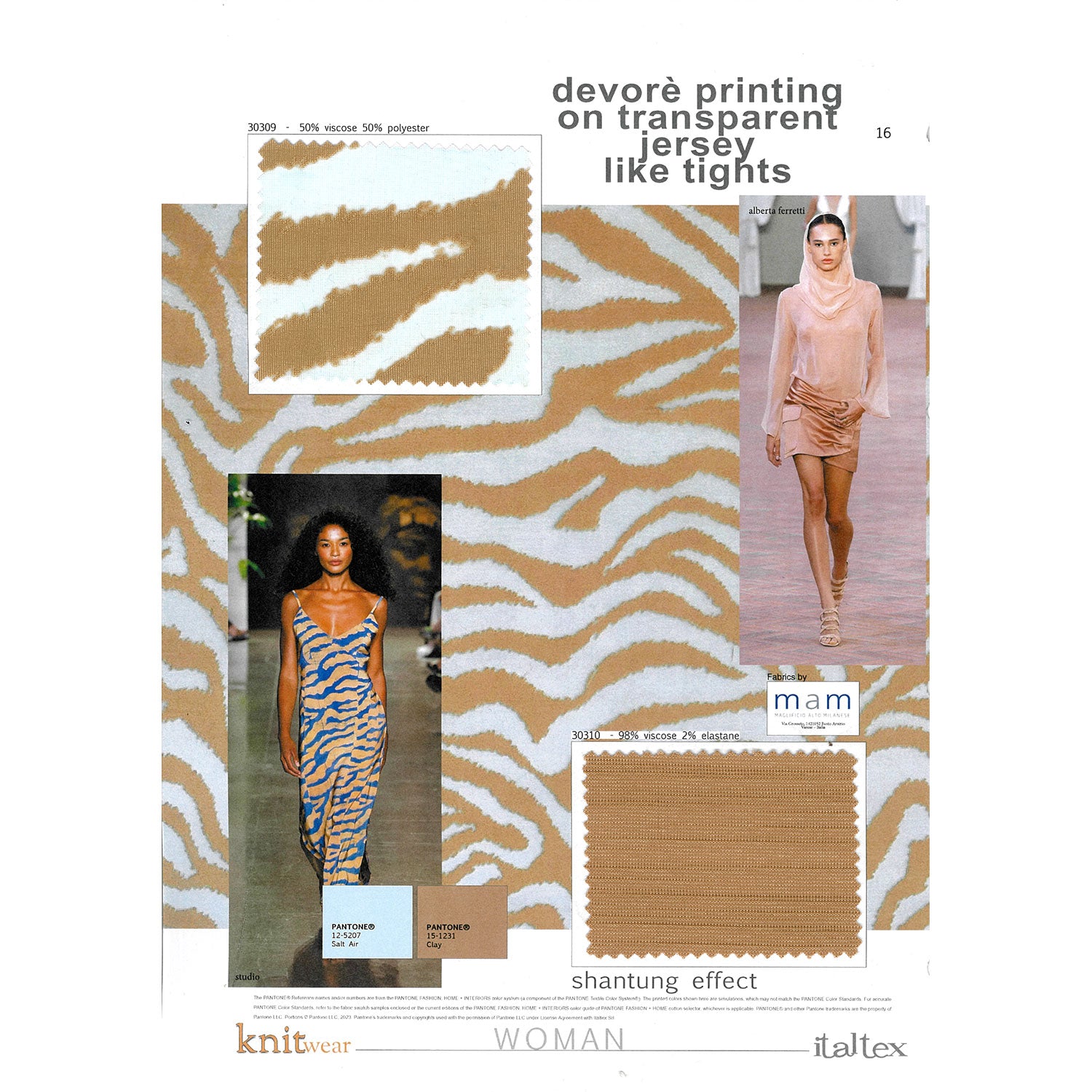 A page from the italtex color and fabric trend book Knitwear Spring and Summer 2026 shows a light blue and brown burnt-out animalier pattern in very light jersey for tops and dresses. A viscose and elastane shantung effect knit for jackets, shirts and dresses.