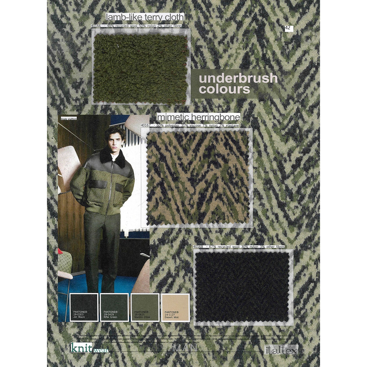 Three knit fabric swatches for men's wear in underbush colors for jackets or sweaters. One green lamb-like terry cloth in recycled wool. One jacquard camouflage pattern. One compact herringbone pattern knit fabric in recycled wool for jackets or  trousers