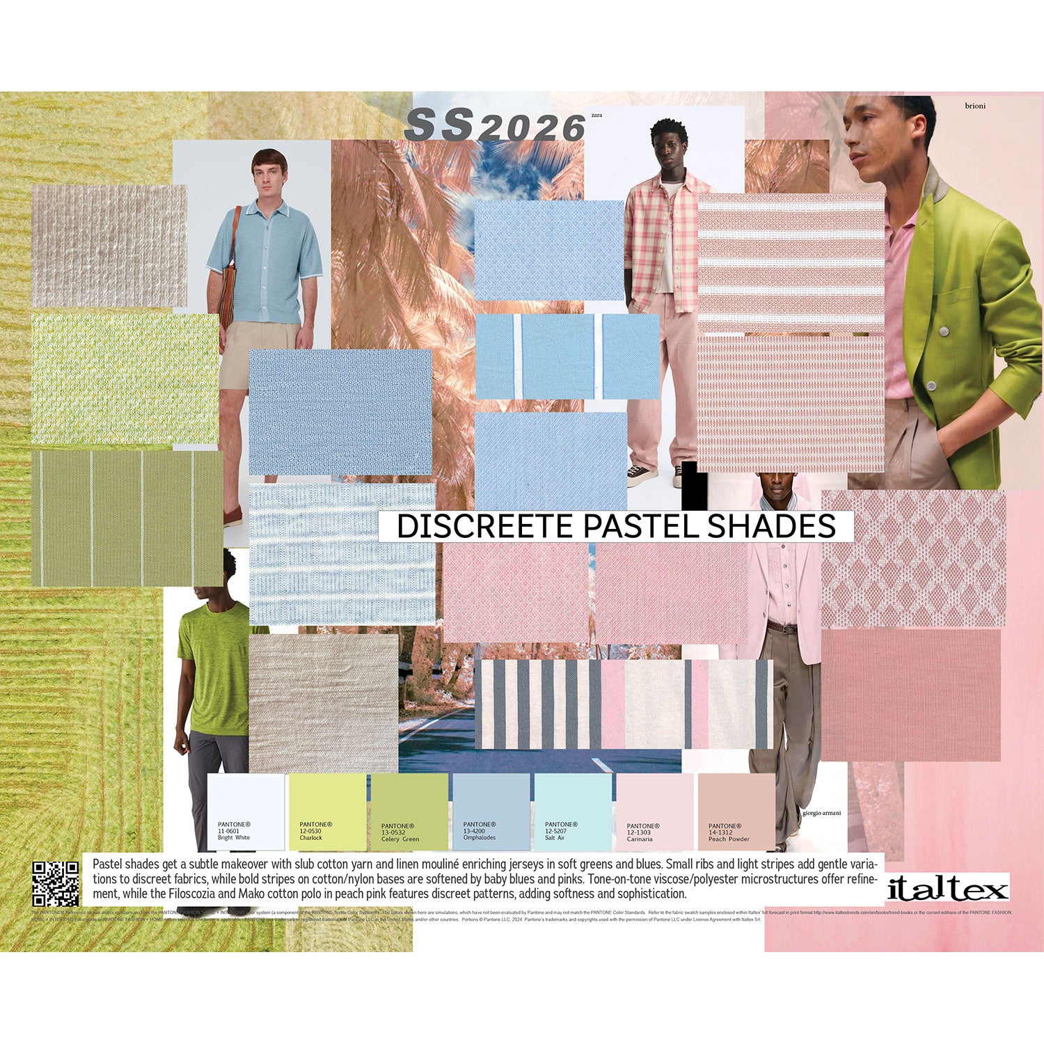 One mood board from the Italtex Trends Contemporary Menswear Colour and Fabric Trends SS26. It shows sixteen fabric swatches for shirts, polo shirts and t-shirts in pastel shades ranging from yellow to green, light blue and pink tones with Pantone codes.
There is a written description of the fabric and fashion trend. Five fabrics have striped patterns. Others have stitch or weave micro effects, or are enriched with mouliné yarns. Four pictures suggesting ther use 