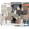 Twelve fabric swatches for men's jackets for SS26 on a mood board. All fabrics have weave-effect grounds and are in soft colour combinations of white, grey, beige and brown warm or cool tones shown with Pantone codes. Two herringbones, two brown and white tiny effects, two glenchecks, one reddish brown window-pane check on a grey tiny-effect ground, two diagonals with slub yarns, two gingham style patterns, on white striped pattern on warm medium brown. Four pictures from the runways suggesting the fabrics'