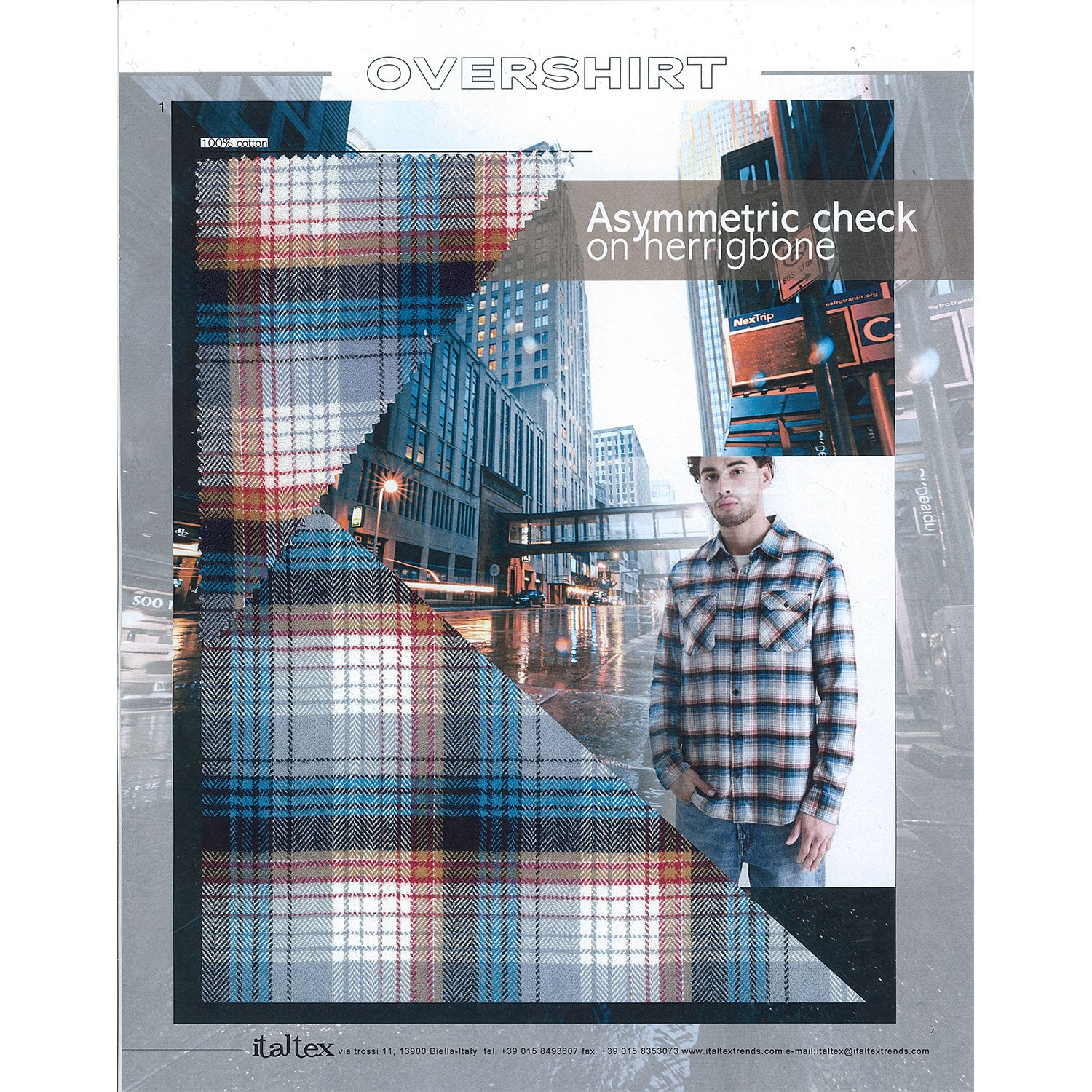 From the Italtex fabric trend book Overshirt Autumn and Winter 2026/27 one page containing the fabric swatch of a cotton fabric for overshirts. It is an elaborate pattern check with an asymmetric effect combining white, black, reddish brown and turquoise. It is the result of the intersection of three checks on a herringbone construction