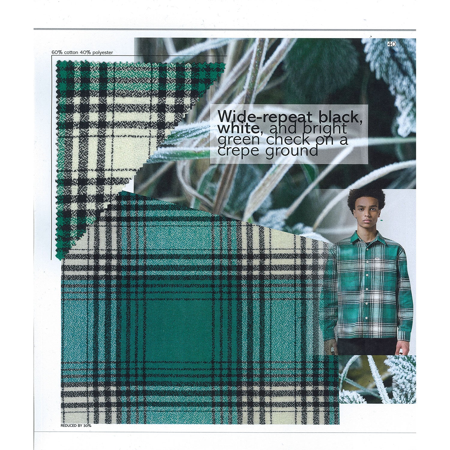 A page from the Italtex fabric trend book Overshirt Autumn Winter 2026/27 shows a wide repeat check in black, white and bright green on a crepe weave construction. On the background is a picture showing iced leaves and a model showing its use in a shirt.