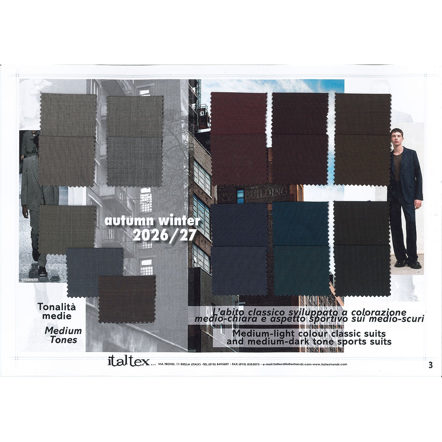 one page from the Italtex fabric and color trend book Menswear Scenario shows nineteen suiting fabric swatches. Seven are fake plain classic suitings in medium-light colours. Twelve are medium-dark colour fabrics for sports suits. On the background is a picture of industrial buildings. Two pictures from the runways suggest their use