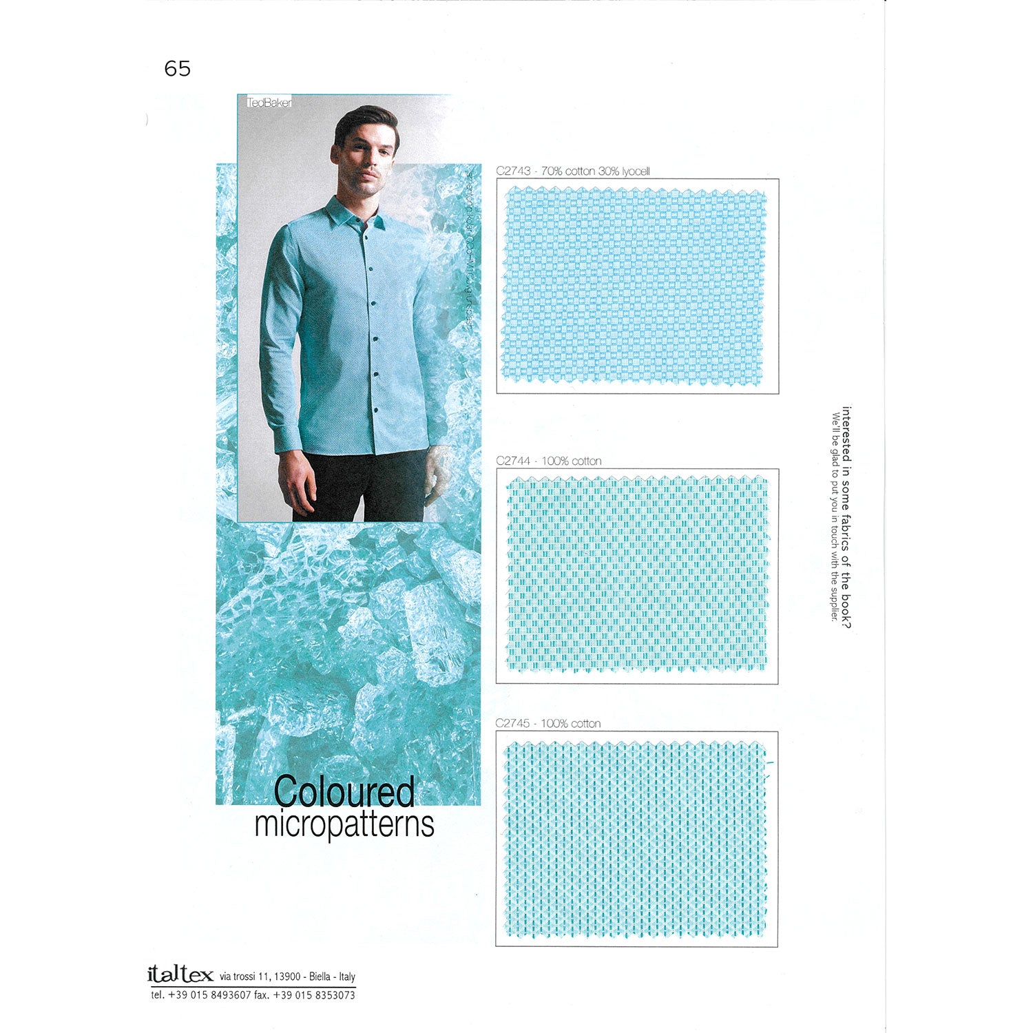 Three fabric swatches for dress and trendy shirts in the bright blue of clear sea water, all in tiny effects. On the left is a suggestion on the use of these shirting fabrics in an actual shirt