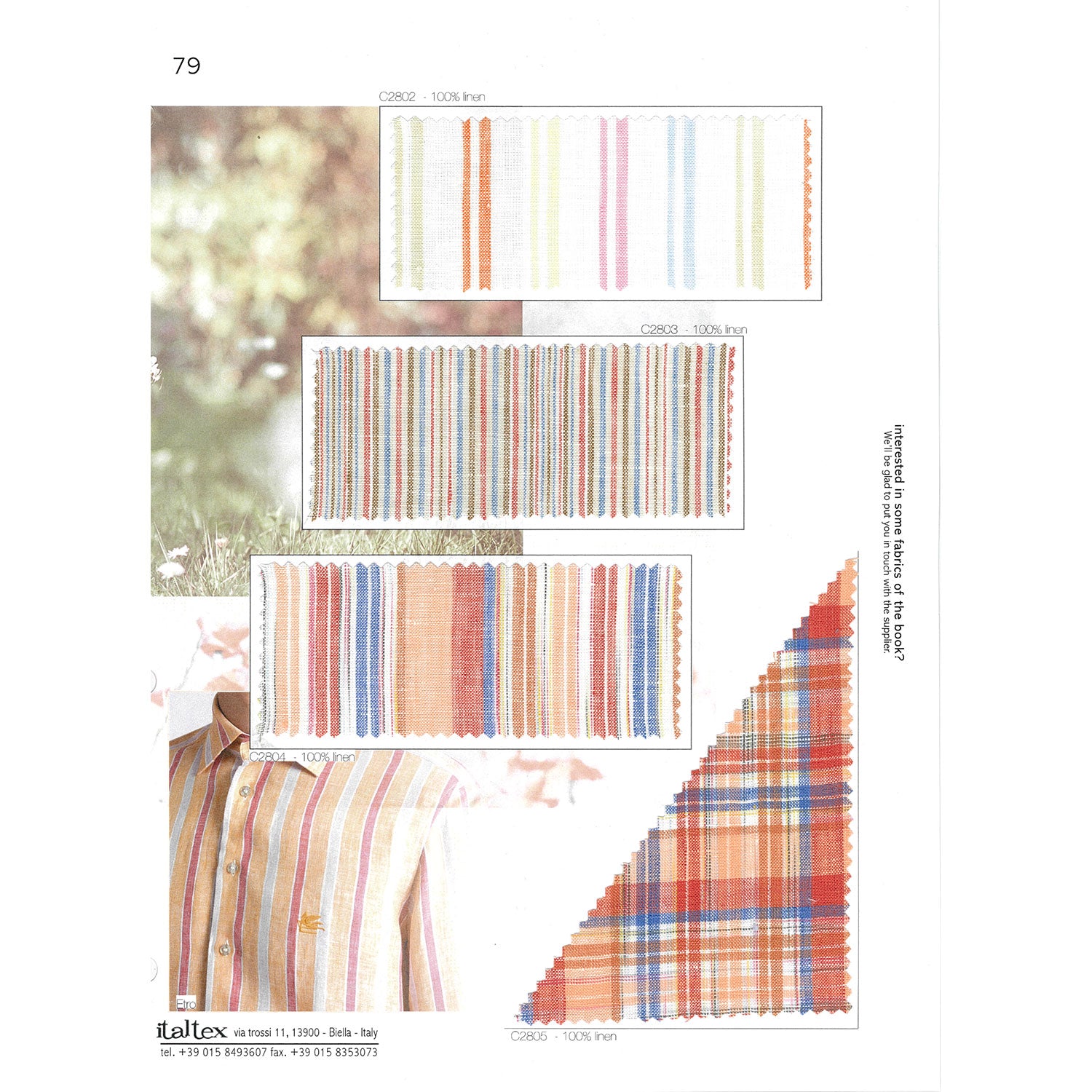 Four fabric swatches for sports shirts on page 79 of the Italtex fabric trend book Shirt SS26. One wide repeat striped pattern with turquoise, beige, brick, violet and grey binary stripes. A thick striped pattern in blue, brick, apricot, green and white. A wide repeat blue, apricot, brick, brown, and white band stripe. A blue, apricot, brick, brown, and white complex overcheck