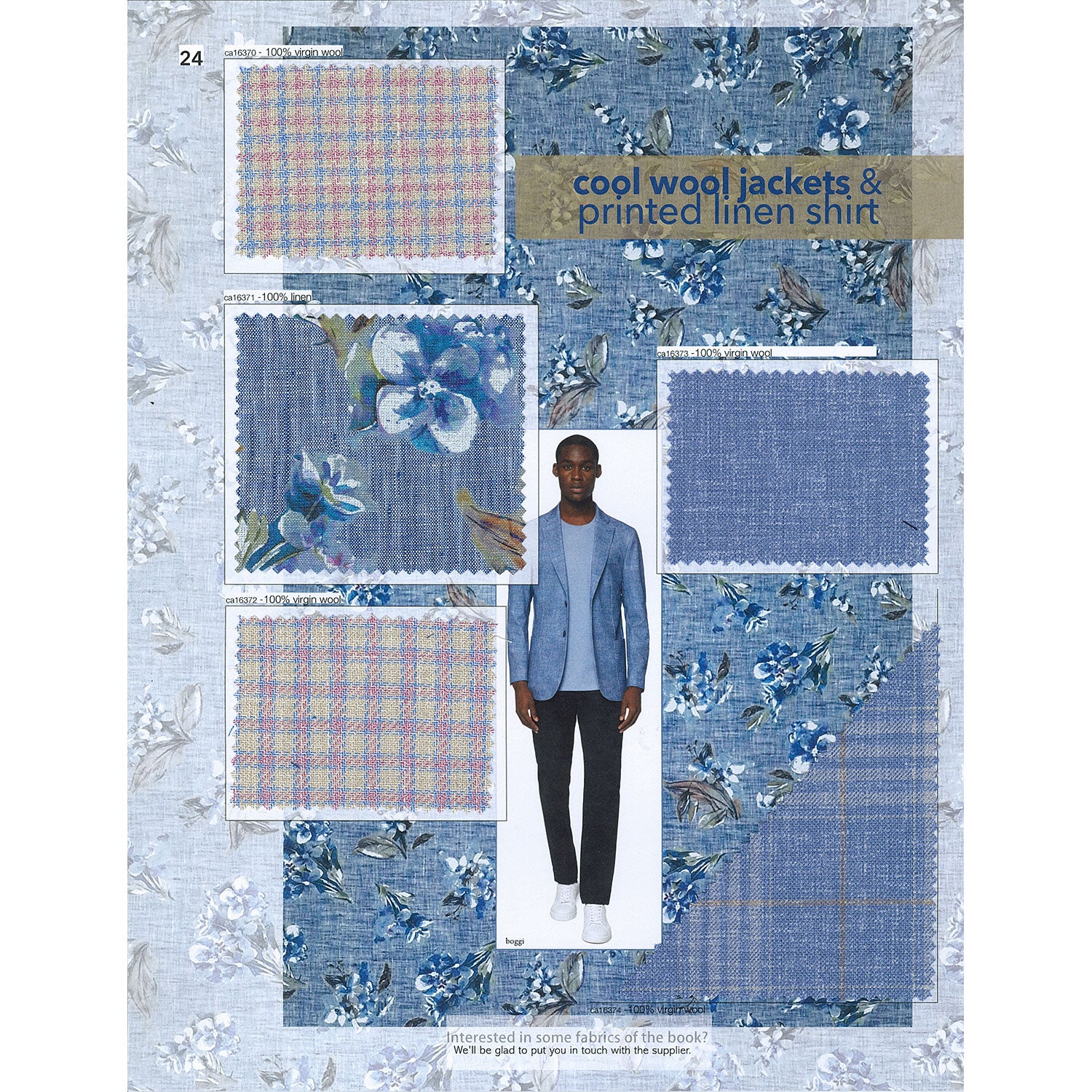 Five light blue fabric swatches on a page of the Italtex color and fabric trend book Sports and Street Wear SS26. One linen overcheck for jackets. For jackets, two red and light blue small checks on a beige background. One tone-on-tone flower print linen fabric for shirts. One yarn-dyed linen fabric for trousers