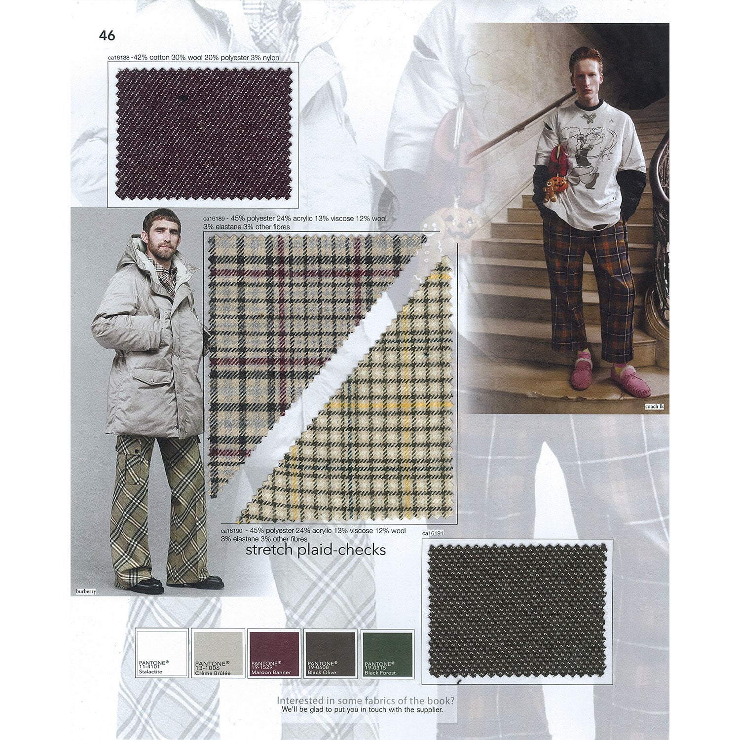 A page from the Italtex Sports and Streetwear trend book Autumn and Winter 26/27 shows four fabric swatches, five colours with Pantone codes, and two pictures suggesting their use for trousers. The fabrics are two grey an black plaids with a touch of colour: yellow in one and burgundy in the other. Two swatches are instead fake plains.