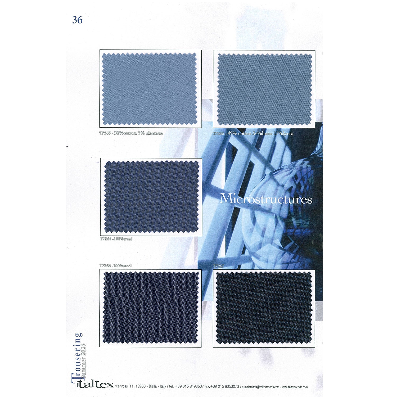 Five blue fabric swatches for pants. One light blue cotton and elastane in a tiny effect. One cotton, linen and elastane in a diagonal structure. One medium blue in a little fancy diamond pattern. One medium and one dark blue micropatterns