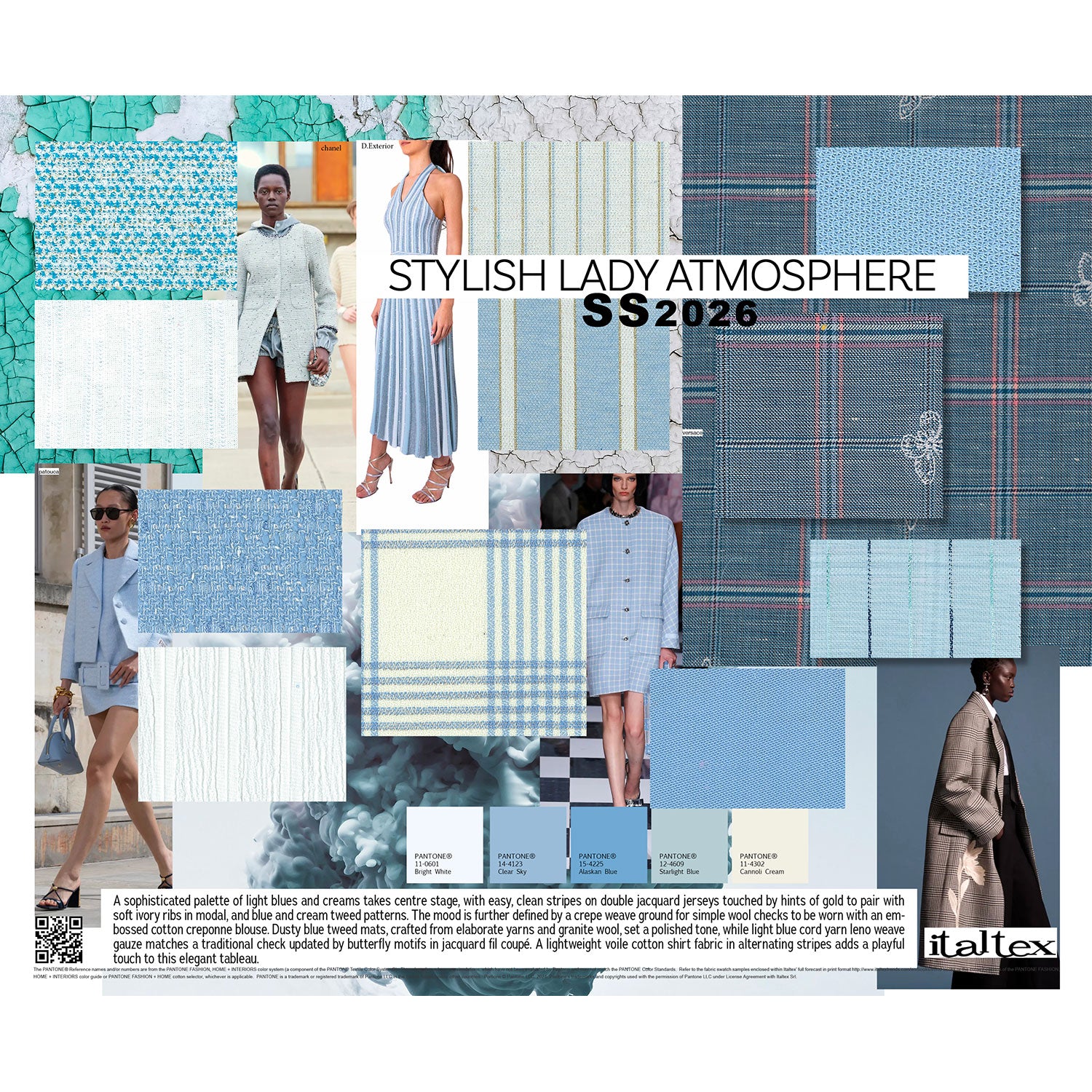 One mood board from the Italtex Womenswear Colour and Fabric Trends Spring/Summer 2026. Easy clean stripes on double jacquard jersey with a touch of gold. A soft Modal light ivory ribbed knit. A blue and cream tweed. A crepe weave ground for simple wool checks for jackets An embossed cotton creponne for blouses.  Dusty blue tweed mats with elaborate yarns and granite wool create an elegant look. A light blue tone cord yarn leno weave gauze. A traditional check updated by butterfly motifs in jacquard