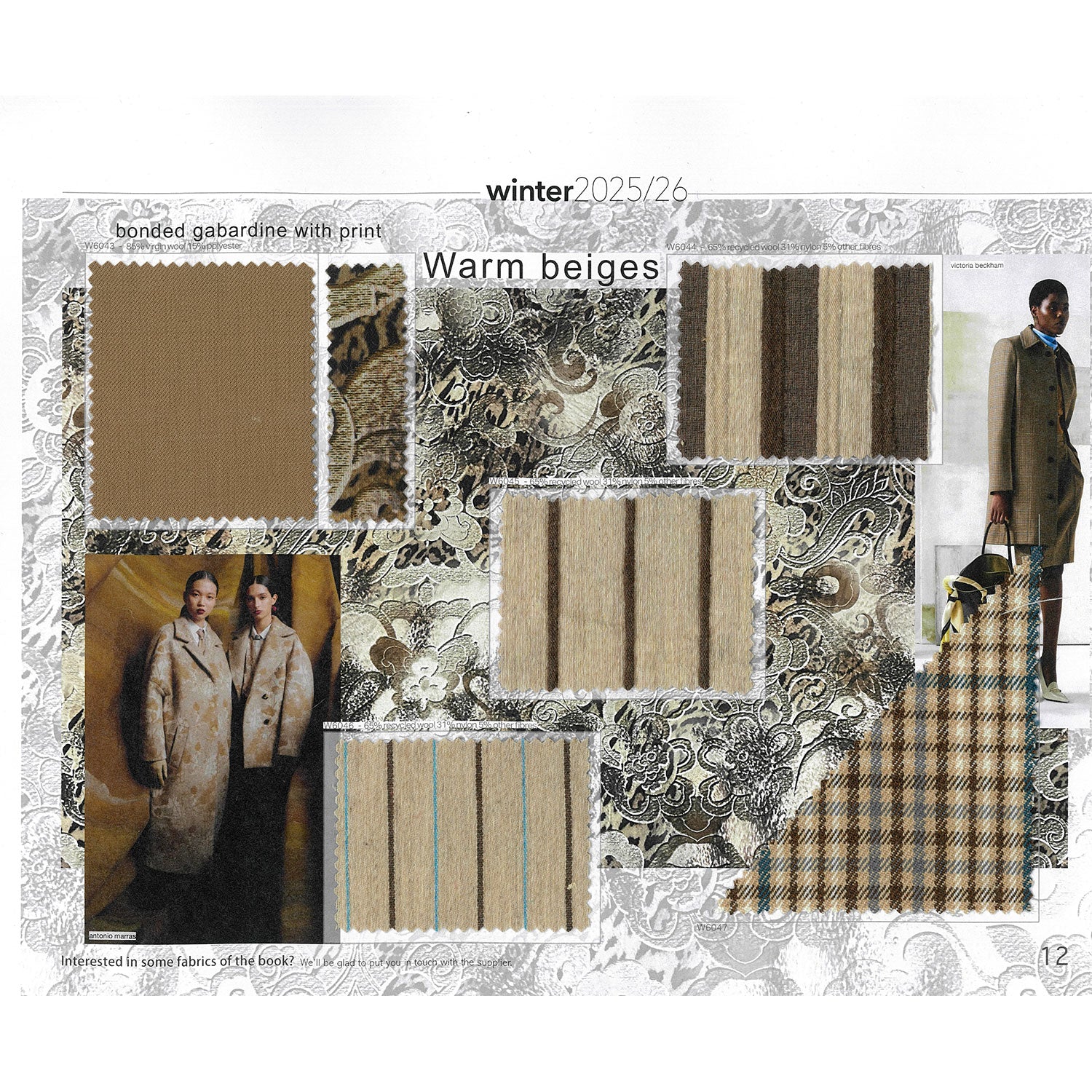 Five fabric swatches for women's coats and jackets in elegant warm beige. One is a wool-based bonded gabardine with printed reverse. One is a textured crinkled stripe. One is a brown thin stripe on a beige ground. One is a beige ground with thin tuquoise and dark brown stripes. One is a classic-style check where beige, white dark brown and blue are combined to create an overcheck on a checquered background