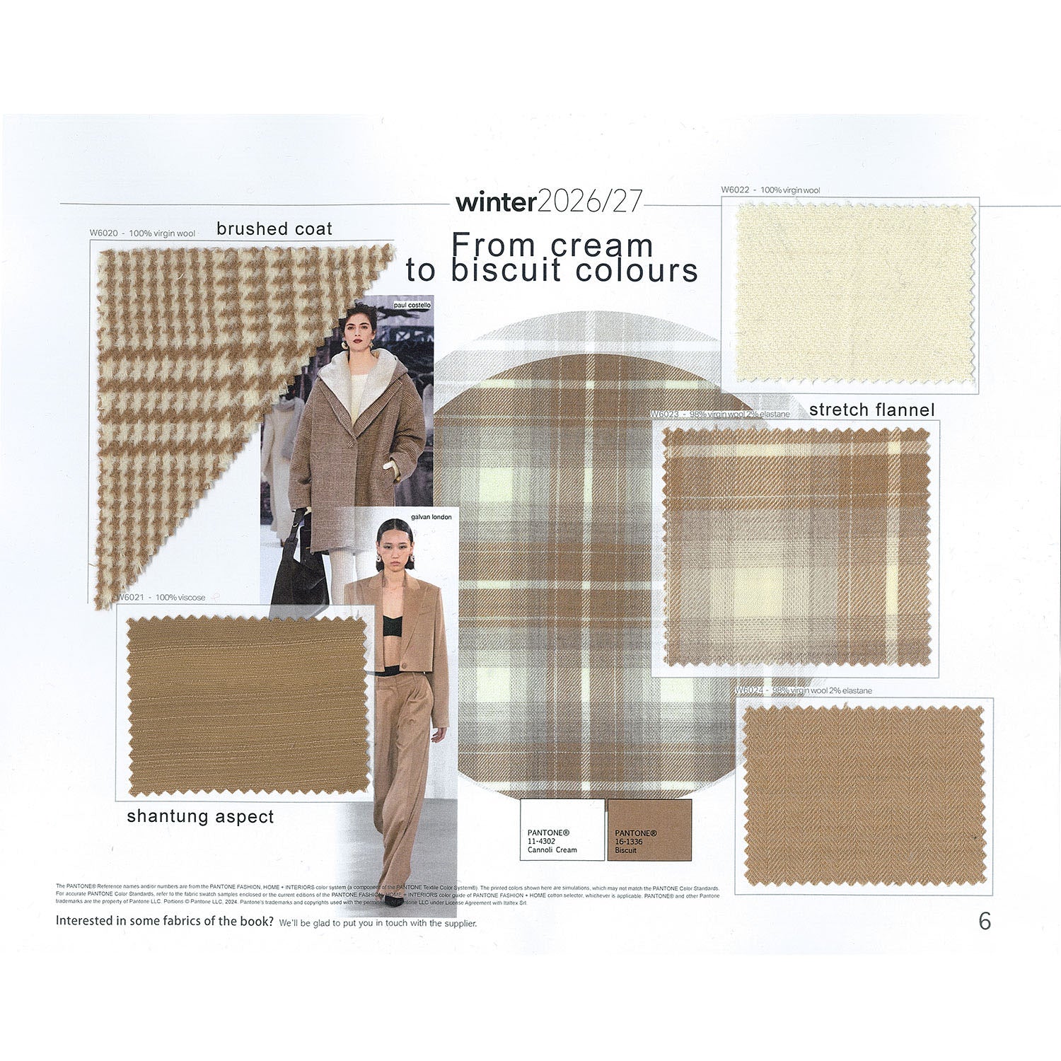 One page from the Italtex color and fabric forecast book Womenswear AW 26-27 shows five fabric swatches in cream to biscuit colours.
One biscuit shantung fabric for jackets and trousers, another solid colour fabric for trousers, a cream herringbone construction for jackets, a Glen check brushed coat, a gradient check stretch flannel for overshirts. Two pictures from the runways suggest how to use them