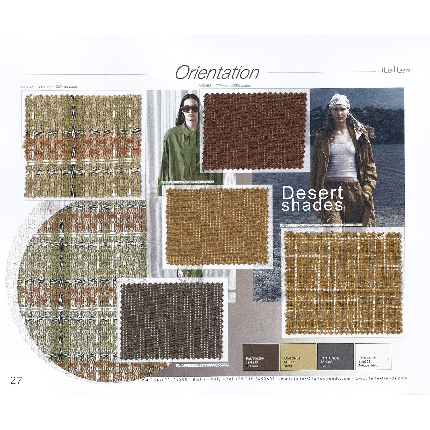 One page from the Italtex color and fabric trend ebook Womenswear Summer 2026. It displays five fabrics, two for shackets or sports jackets and three for overshirts or trousers. One is a rustic overcheck on a textured hopsack background combining beige, dusty green, white, reddish brown and a black and white mouliné yarn. The other fabric for jacket is a rustic brown, grey and white construction with slub yarns. Trousering is presented in three ribbed fabrics in burgundy, mustard, and grey. Two pictures sug