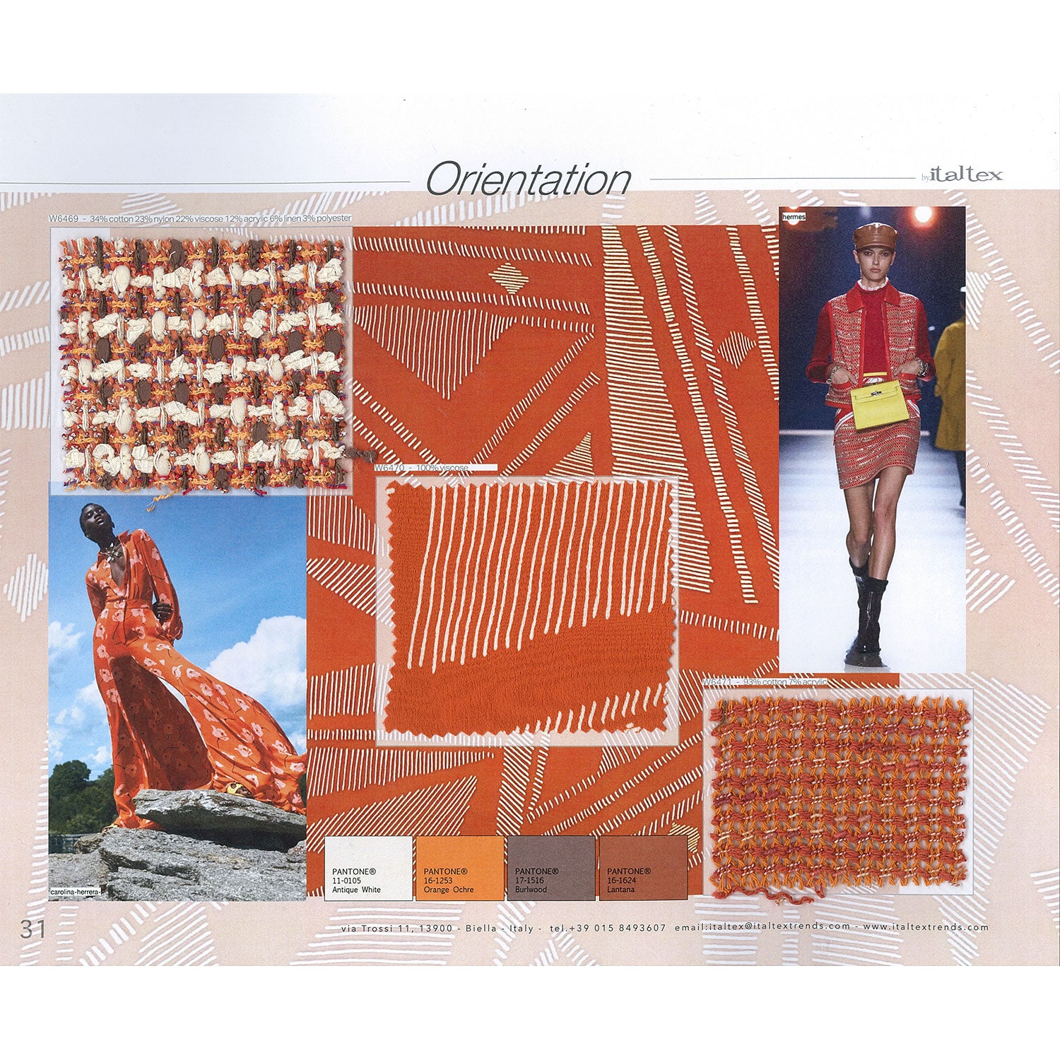 Page 31 of the Italtex color and fabric trend ebook Womernswear SS26 shows 3 fabric swatches. One white, brown and orange coarse cotton tweed for jackets. One lightweight white and orange viscose fabric in an African style pattern for blouses and dresses.  A brownish orange, mustard and white openwork tweed. The four essential colours of the fabrics are shown with Pantone reference codes. A picture in the background shows the full repeat of the African-style pattern. Two pictures from the runways suggest th