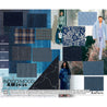 Twelve fabric swatches for women's denim look. One white and denim floral print for shirts. Two denim knits in recycled cotton from denim scraps. One light indigo blue felt for coats. One black, white and indigo gingham for jackets and a black, white, beige and indigo blue overcheck for jackets. Two sandblasted finish herringbone striped patterns. One torn effect embroidery inspired pattern. An indigo-dyed gabardine ready for garment wash-out. One burnt-out indigo jersey. A bulky plush jacquard
