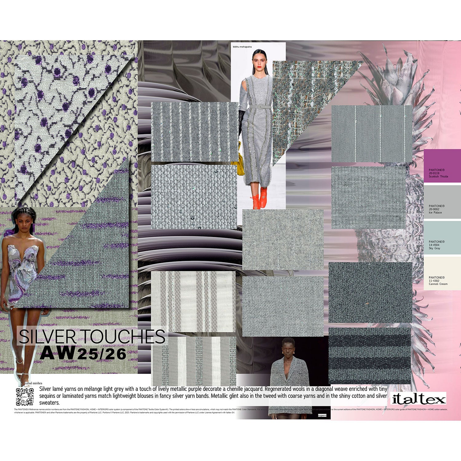 Twelve grey fabric swatches for womenswear fall winter 2025-26. Two textured jacquards with a touch of purple and silver. Two lightweight fabrics for blouses in striped patterns where grey matches white. Four woven fabrics in wool with silver decorations. One has silver sequin yarns. Four knitted fabrics with a hint of silver: one is ribbed, one is solid and one has horizontal dark grey stripes  