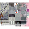 Twelve grey fabric swatches for womenswear fall winter 2025-26. Two textured jacquards with a touch of purple and silver. Two lightweight fabrics for blouses in striped patterns where grey matches white. Four woven fabrics in wool with silver decorations. One has silver sequin yarns. Four knitted fabrics with a hint of silver: one is ribbed, one is solid and one has horizontal dark grey stripes  